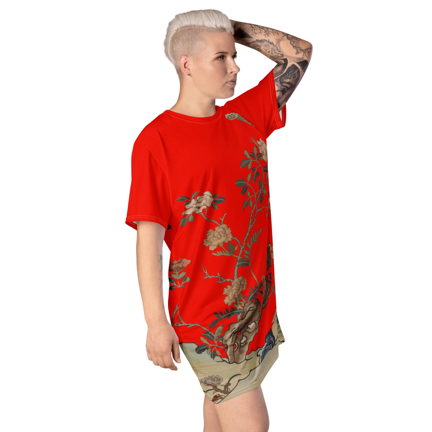 タペストリーの花|椿と蝶|Tシャツドレス|Garnet red