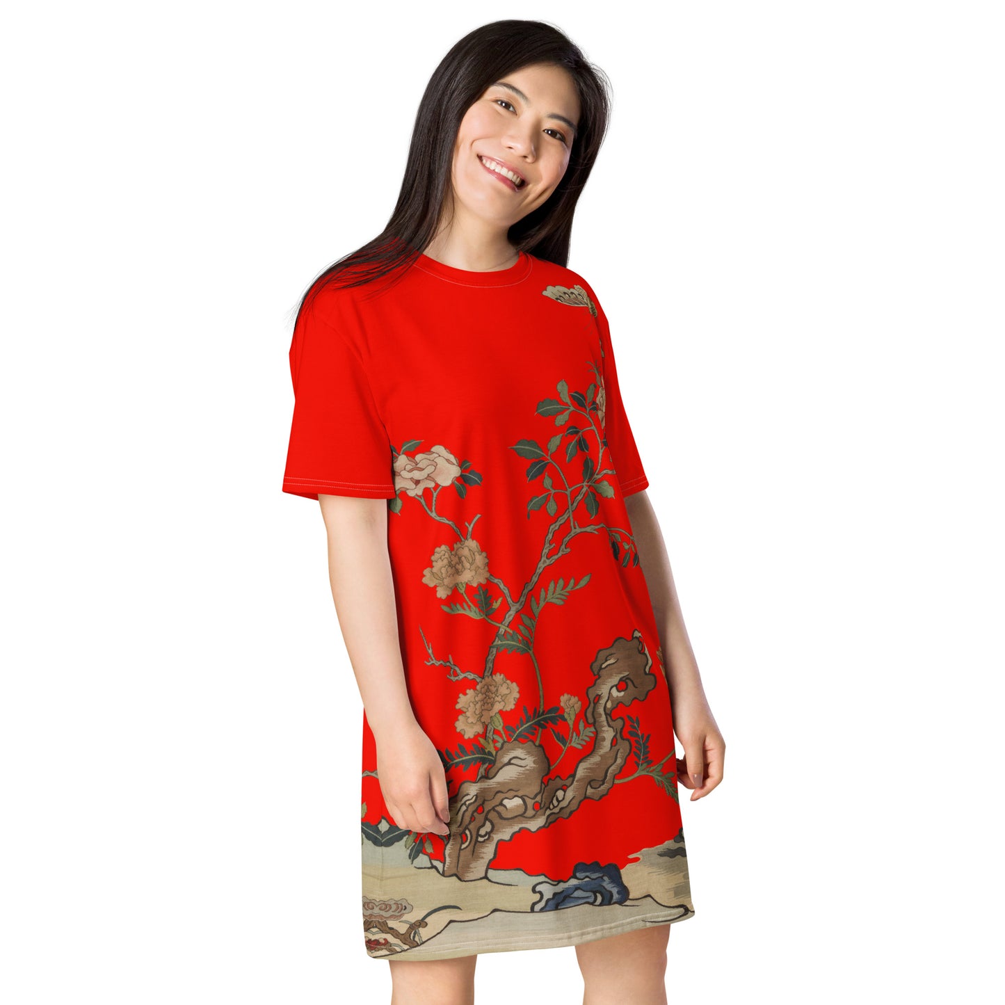 タペストリーの花|椿と蝶|Tシャツドレス|Garnet red