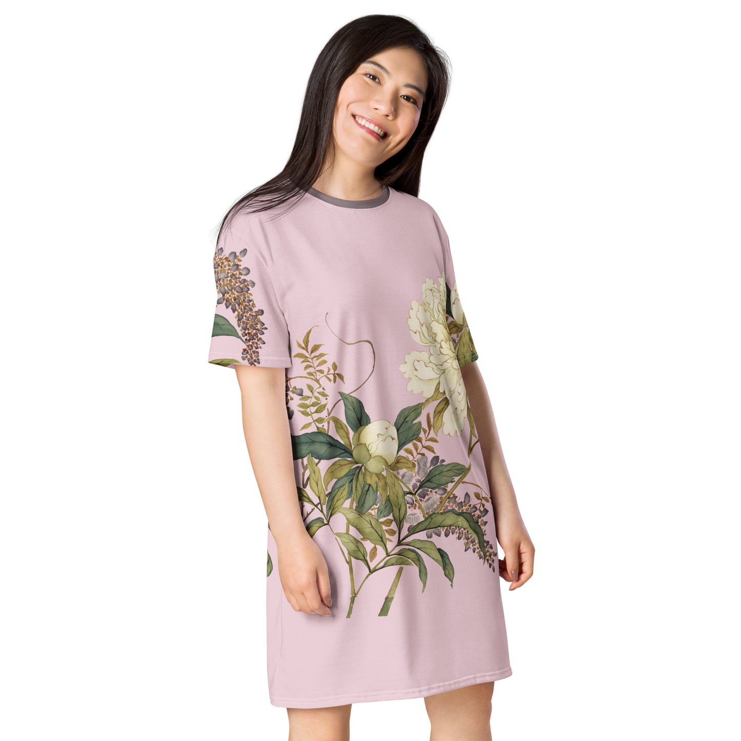 The Spirit of Flowers in Twelve Months|Chinese Peony and Wisteria in Bloom|T-shirt dress|Pale pinkish gray