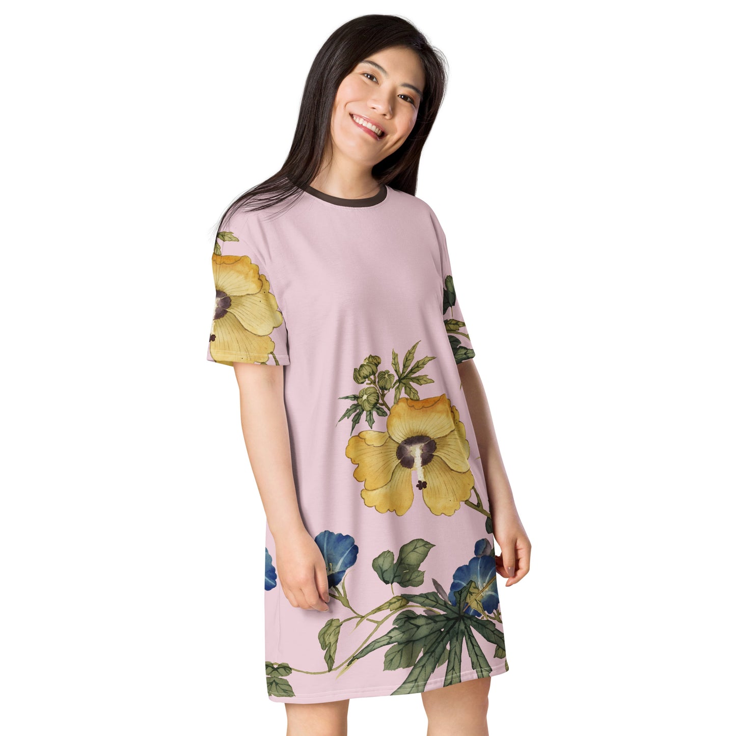 The Spirit of Flowers in Twelve Months|Okra and White-edged Morning Glory in Bloom|T-shirt dress|Pale pinkish gray