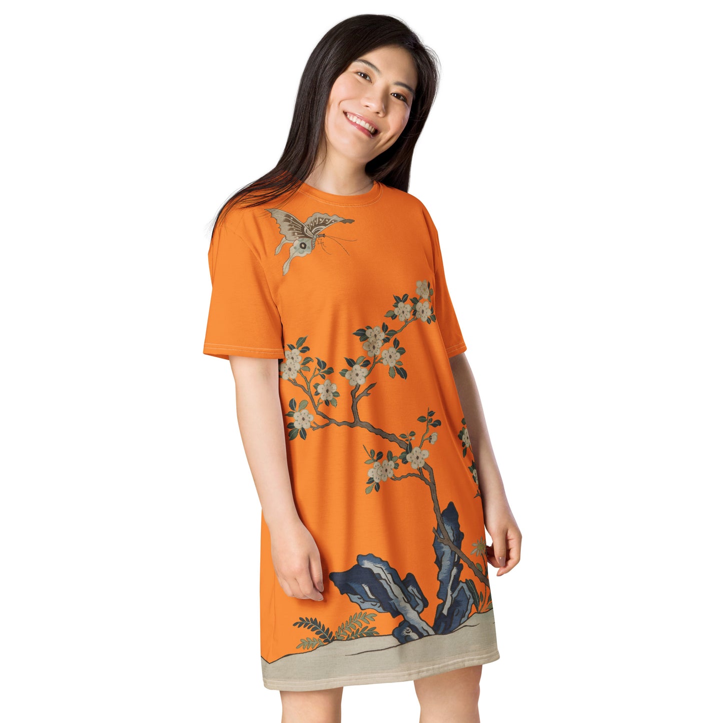 タペストリーの花|White Plum Blossoms and Butterfly|T-shirt dress|Orange