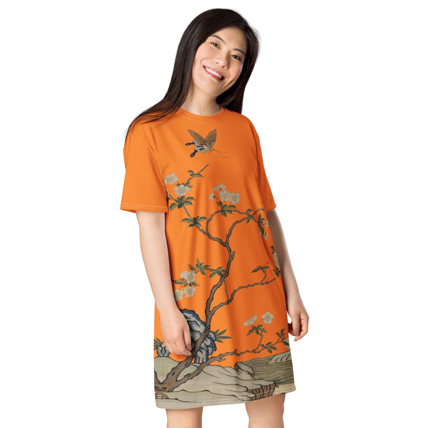 タペストリーの花|梅の花と蝶|Tシャツドレス|オレンジ
