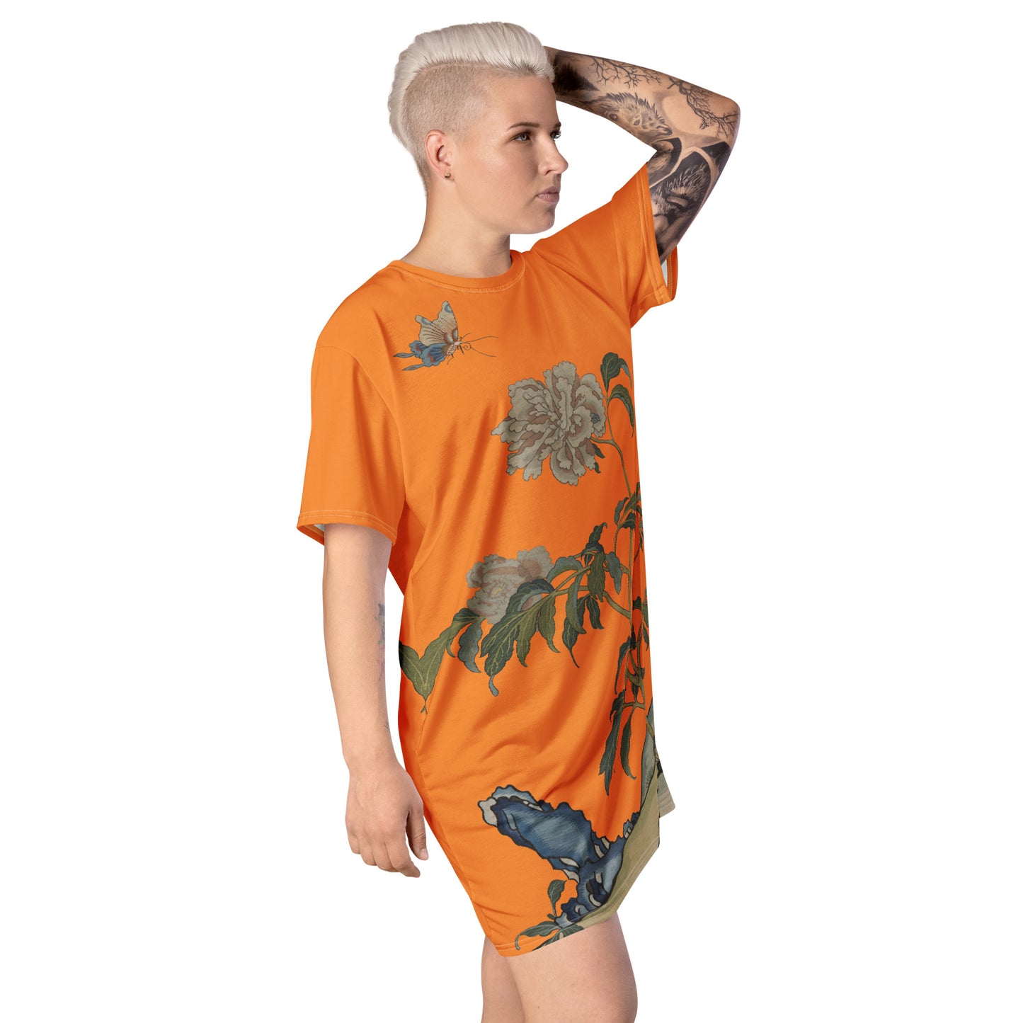タペストリーの花|Peonies and Butterfly|T-shirt dress|Orange