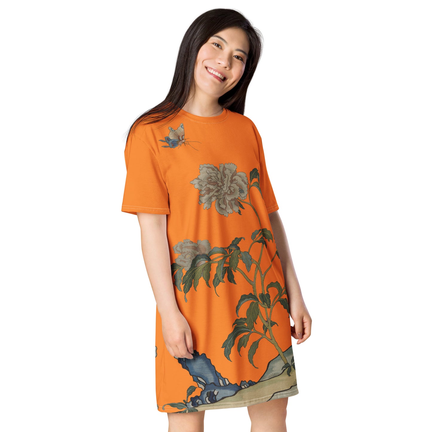 タペストリーの花|Peonies and Butterfly|T-shirt dress|Orange