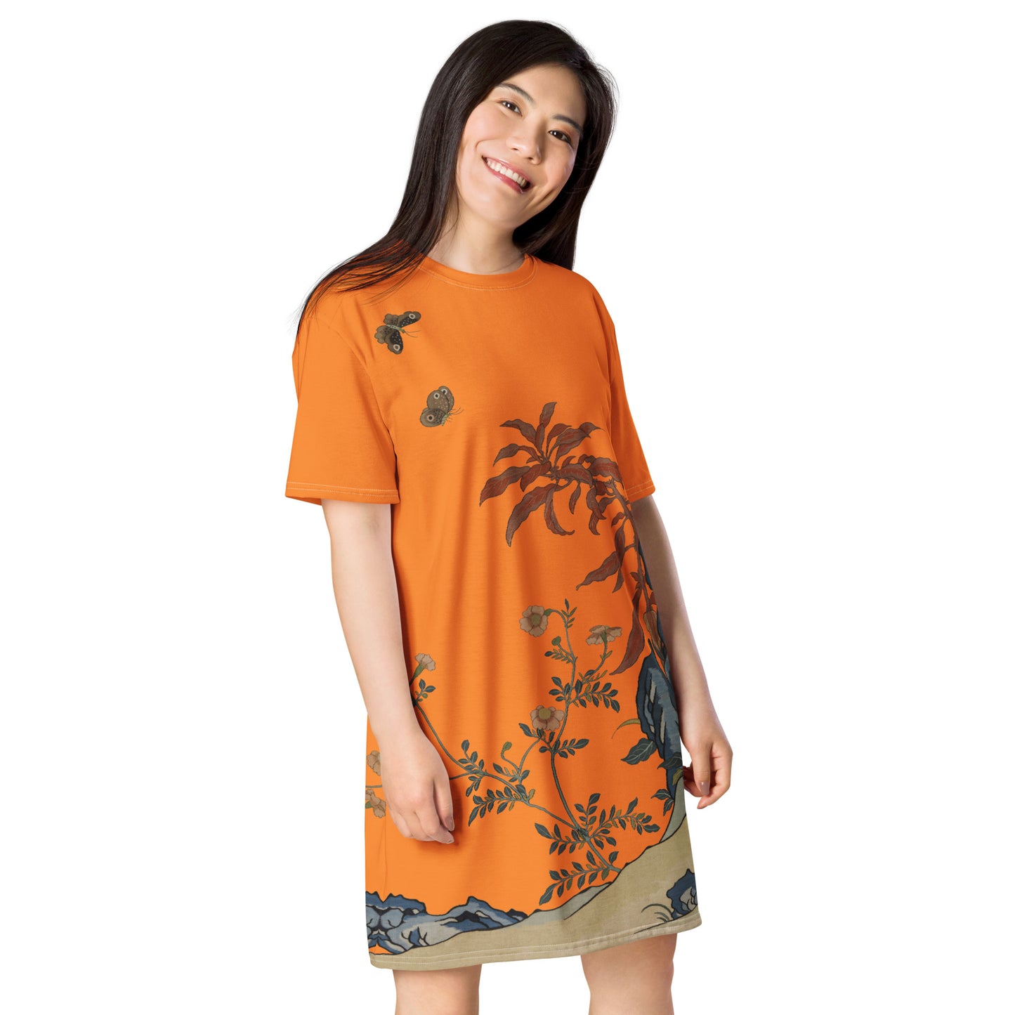タペストリーの花|Butterflies and Flowers|T-shirt dress|Orange