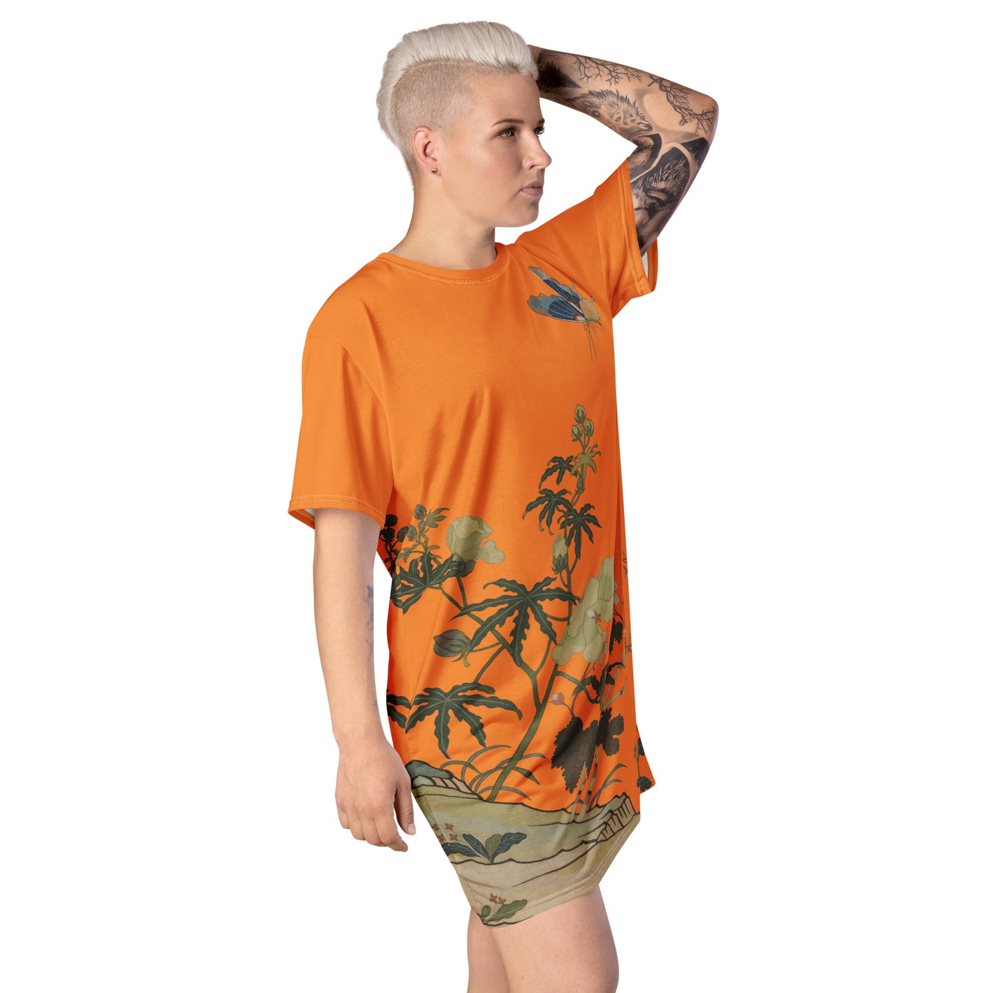 タペストリーの花|ハイビスカスとベゴニアの花|Tシャツドレス|オレンジ