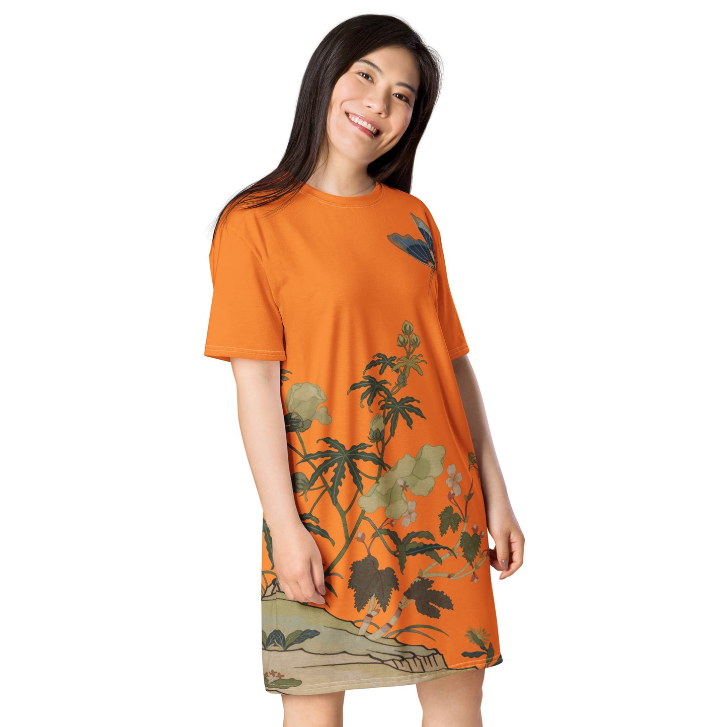 タペストリーの花|ハイビスカスとベゴニアの花|Tシャツドレス|オレンジ