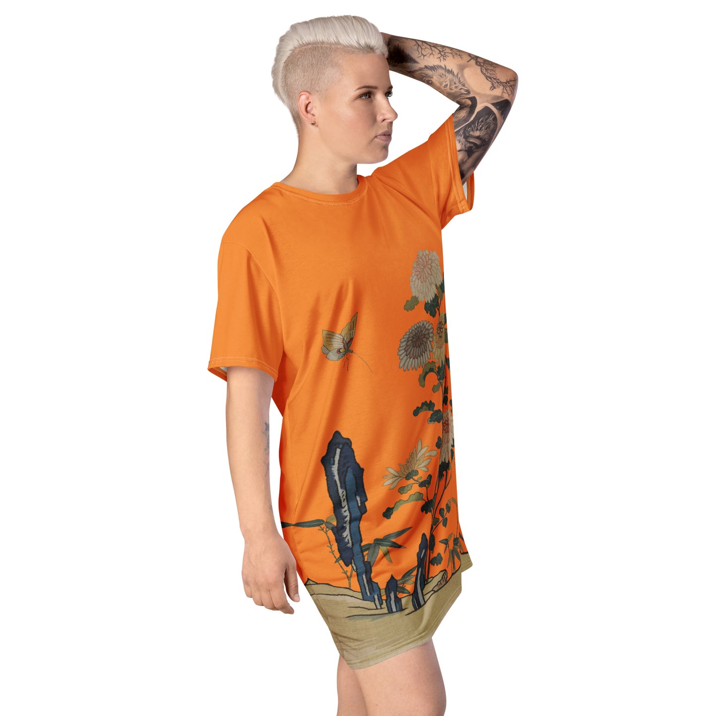 タペストリーの花|Chrysanthemums and Butterflies|T-shirt dress|Orange