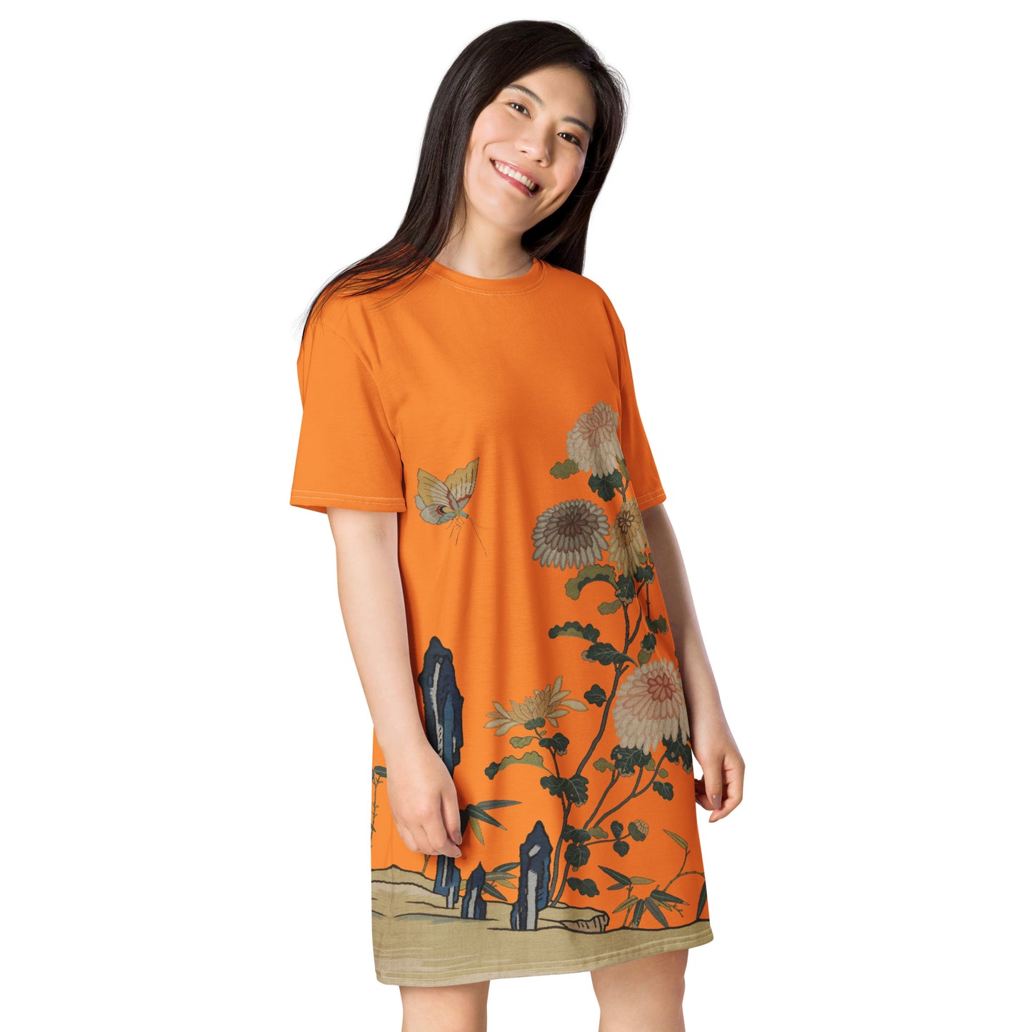 タペストリーの花|Chrysanthemums and Butterflies|T-shirt dress|Orange
