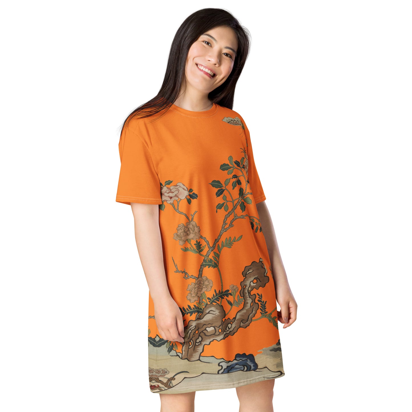 タペストリーの花|椿と蝶|Tシャツドレス|オレンジ