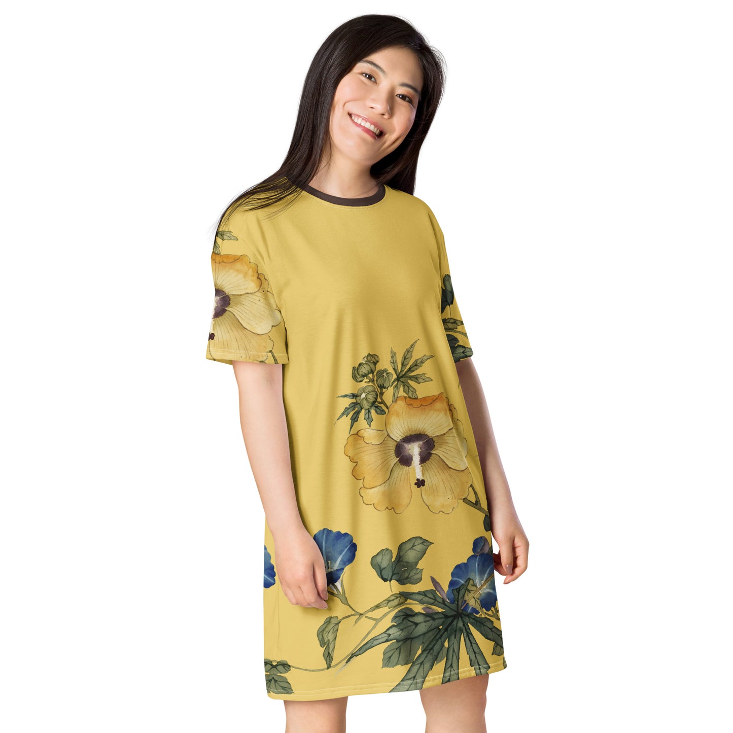 The Spirit of Flowers in Twelve Months|Okra and White-edged Morning Glory in Bloom|T-shirt dress|Gold