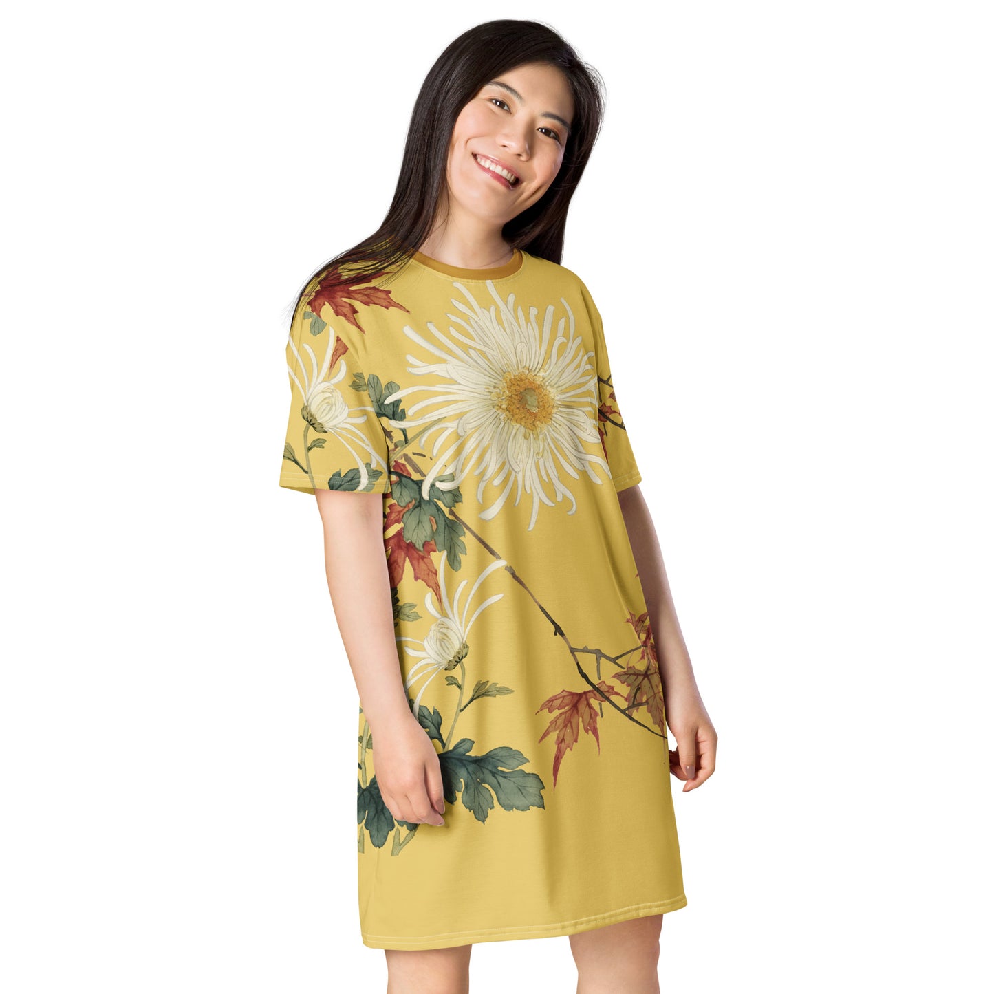 The Spirit of Flowers in Twelve Months|Blooming Chrysanthemum and Maple Leaves|T-shirt dress|Gold