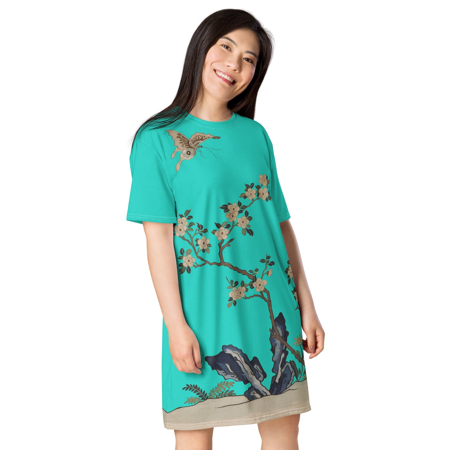 タペストリーの花|White Plum Blossoms and Butterfly|T-shirt dress|Turquoise