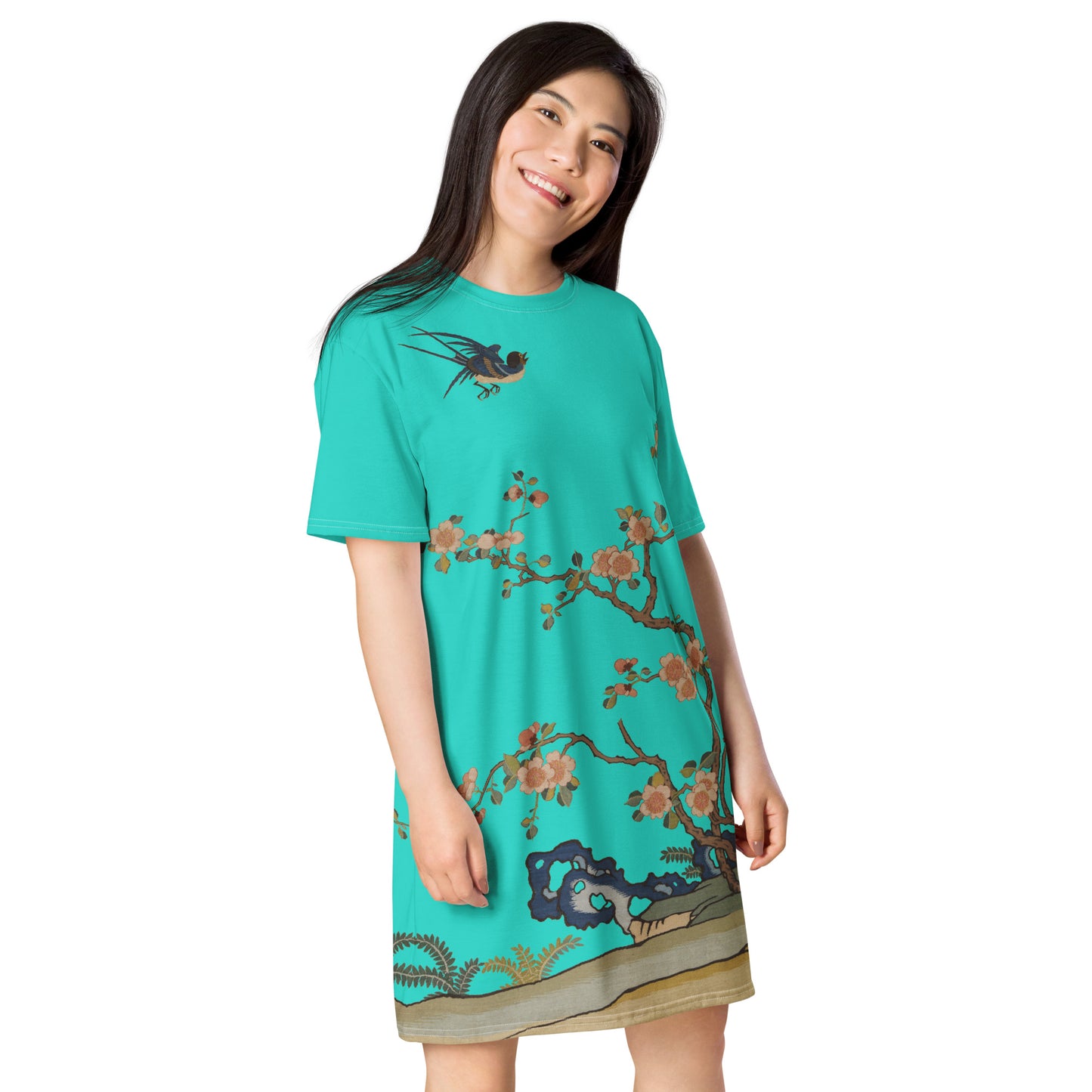 タペストリーの花|Swallow in Flight, Harbinger of Spring|T-shirt dress|Turquoise
