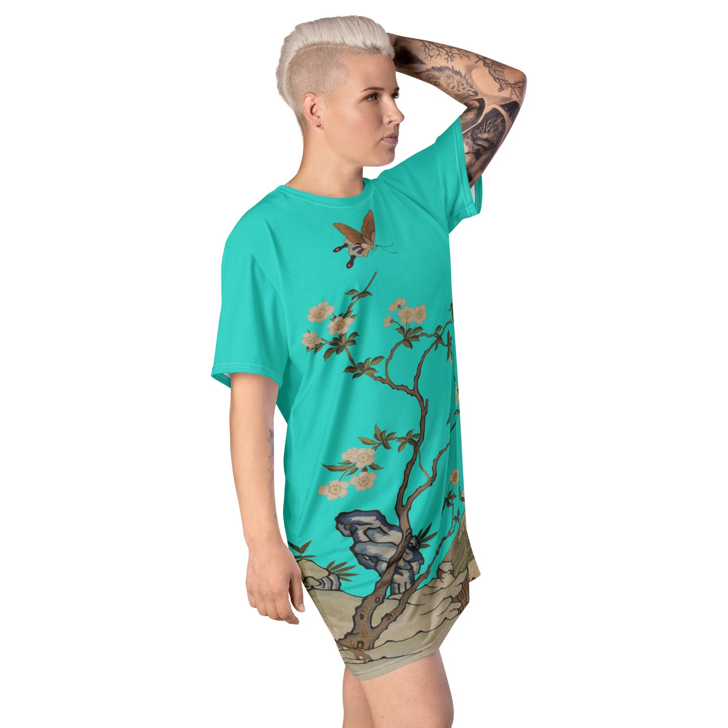 タペストリーの花|梅の花と蝶|Tシャツドレス|ターコイズ