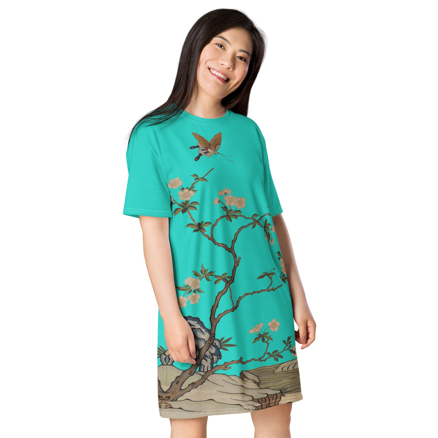 タペストリーの花|梅の花と蝶|Tシャツドレス|ターコイズ
