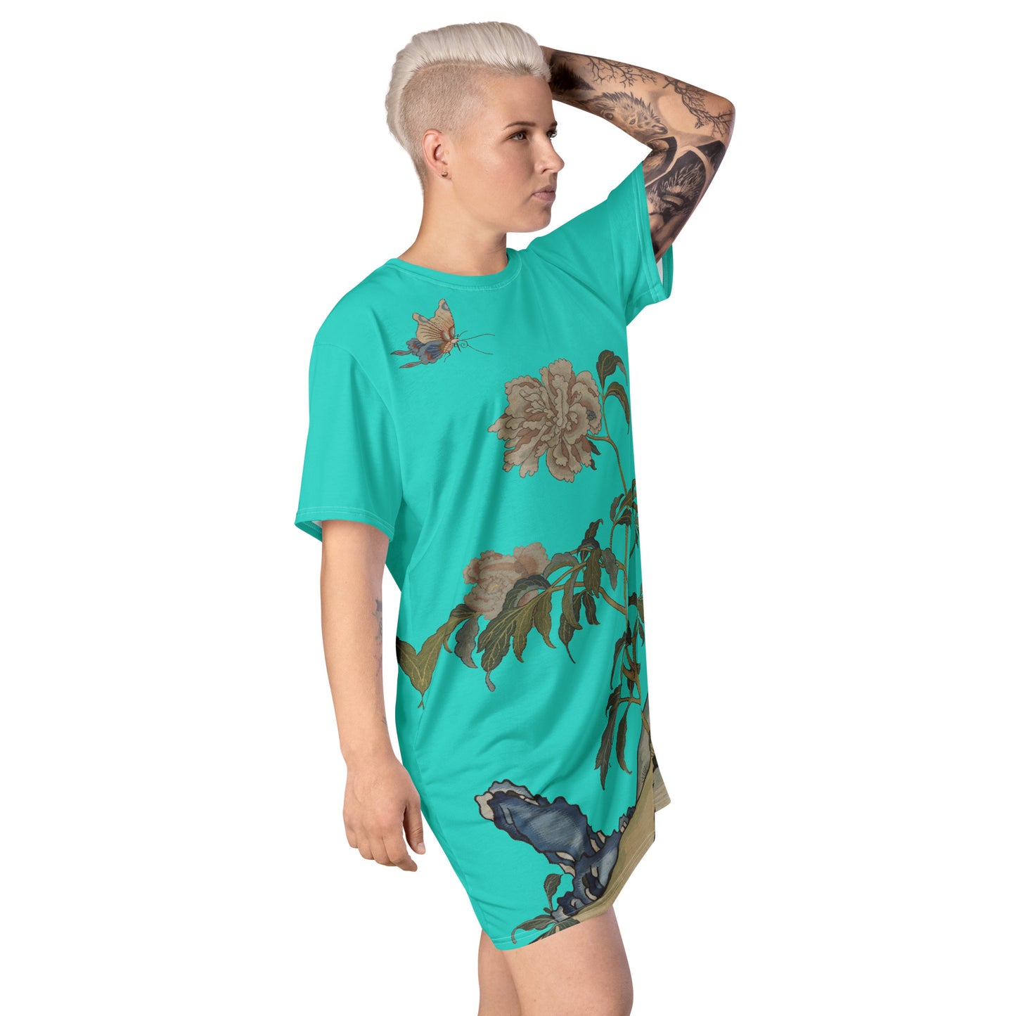 タペストリーの花|Peonies and Butterfly|T-shirt dress|Turquoise