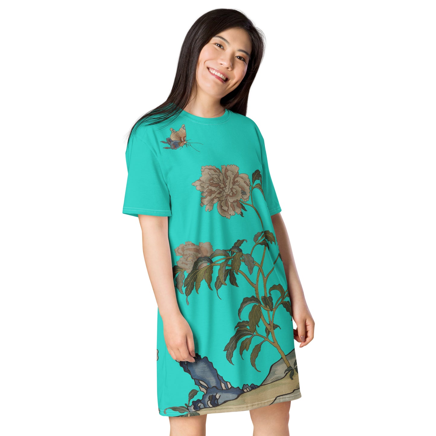 タペストリーの花|Peonies and Butterfly|T-shirt dress|Turquoise