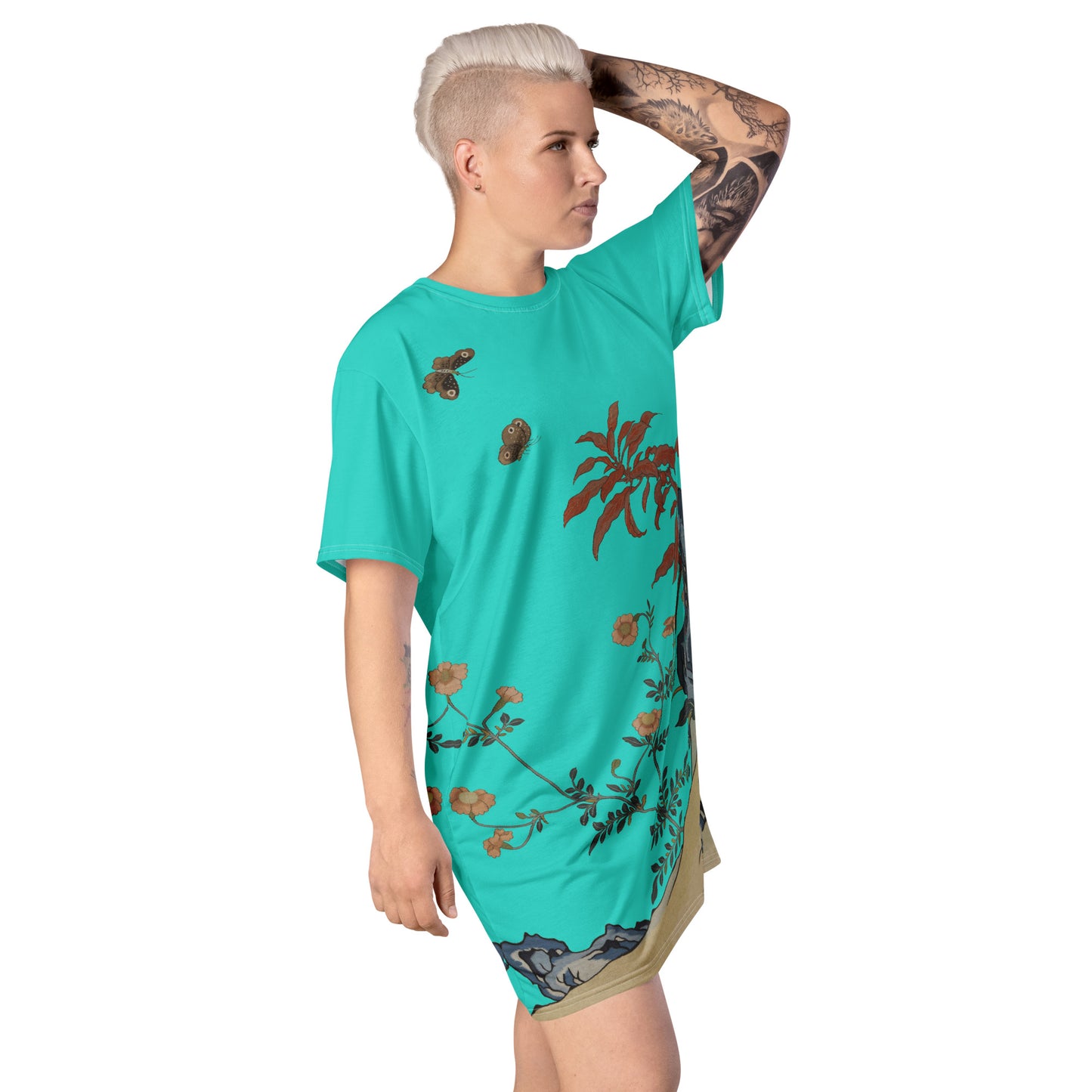 タペストリーの花|Butterflies and Flowers|T-shirt dress|Turquoise