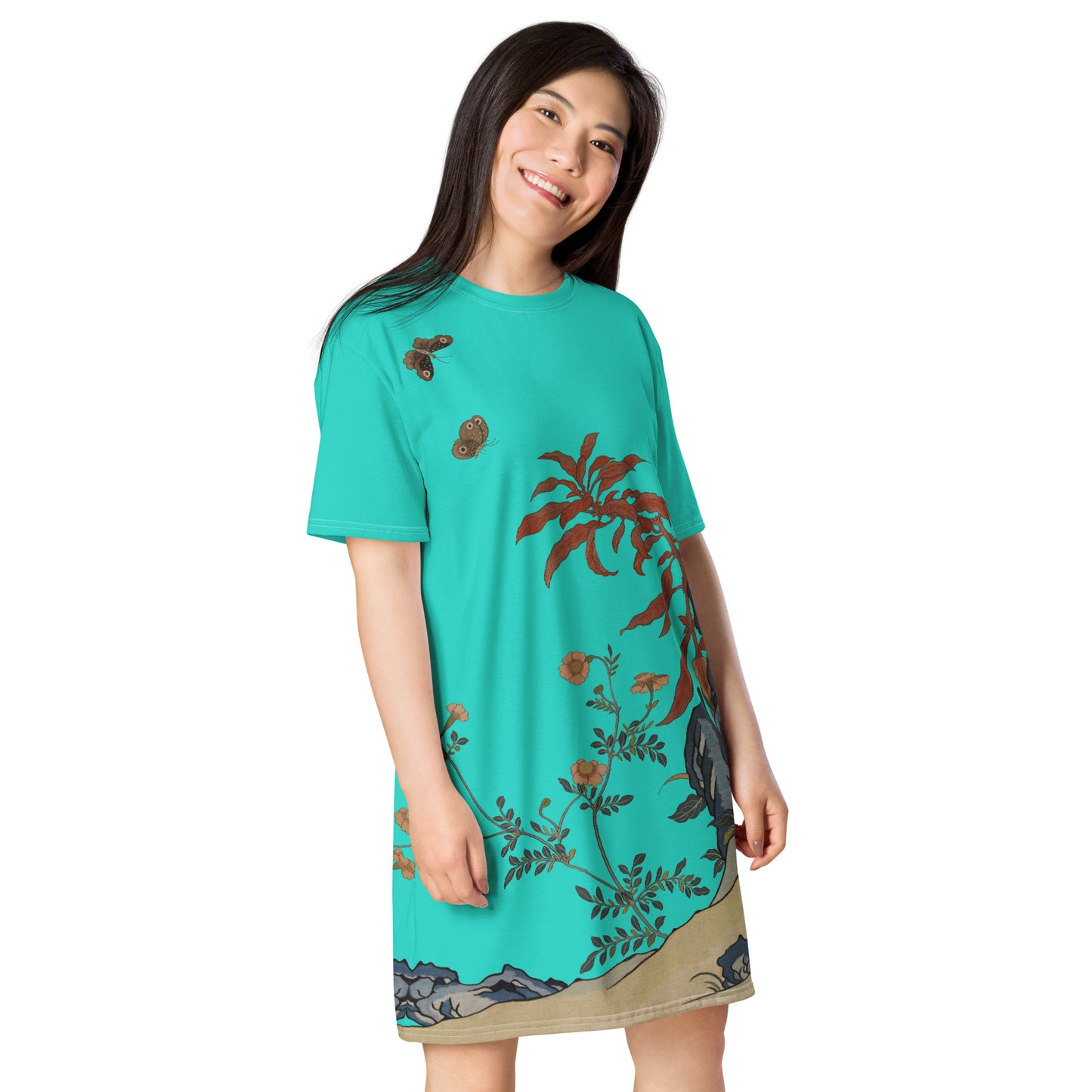 タペストリーの花|Butterflies and Flowers|T-shirt dress|Turquoise