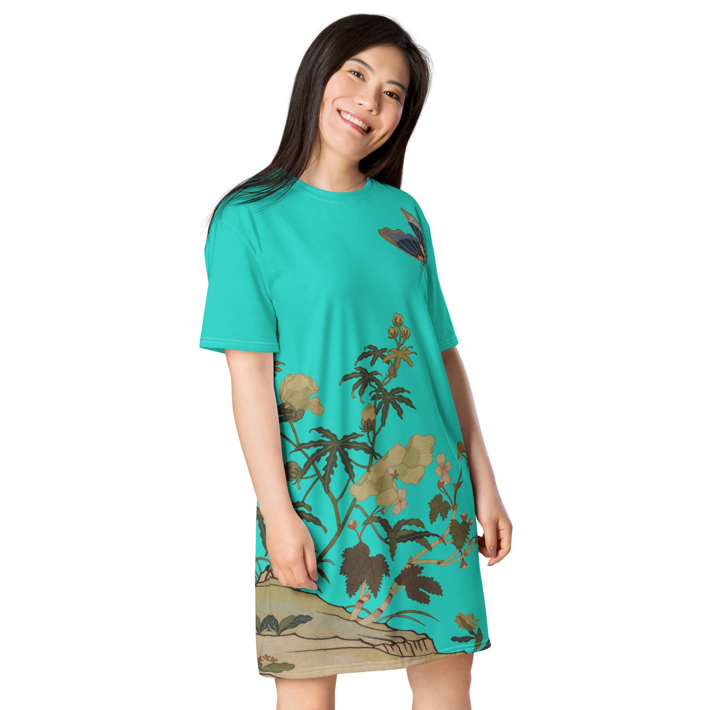 タペストリーの花|ハイビスカスとベゴニアの花|Tシャツドレス|ターコイズ