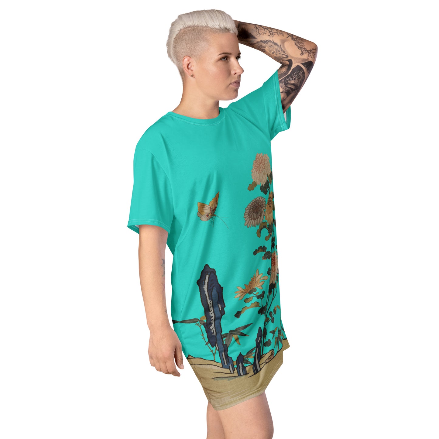 タペストリーの花|Chrysanthemums and Butterflies|T-shirt dress|Turquoise