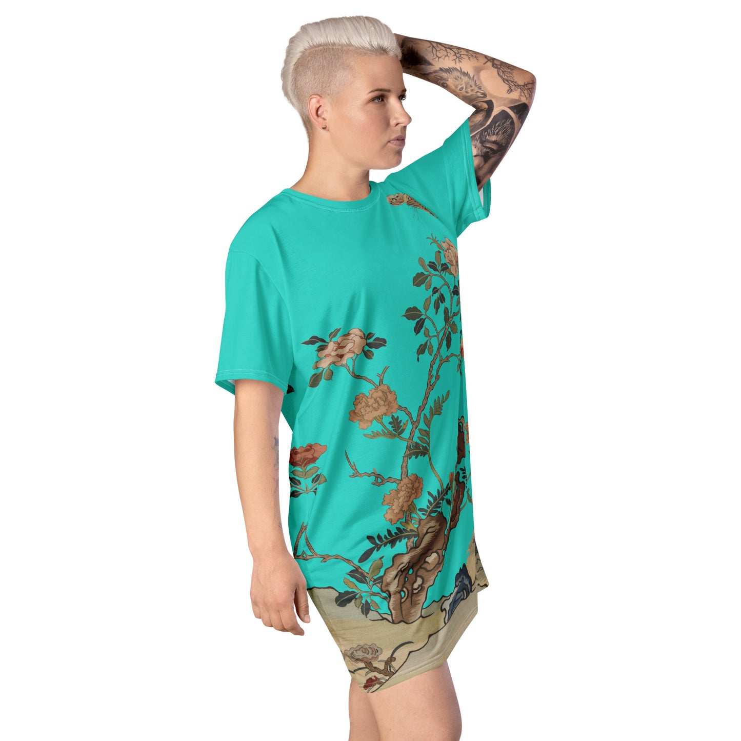 タペストリーの花|Camellia and Butterfly|T-shirt dress|Turquoise