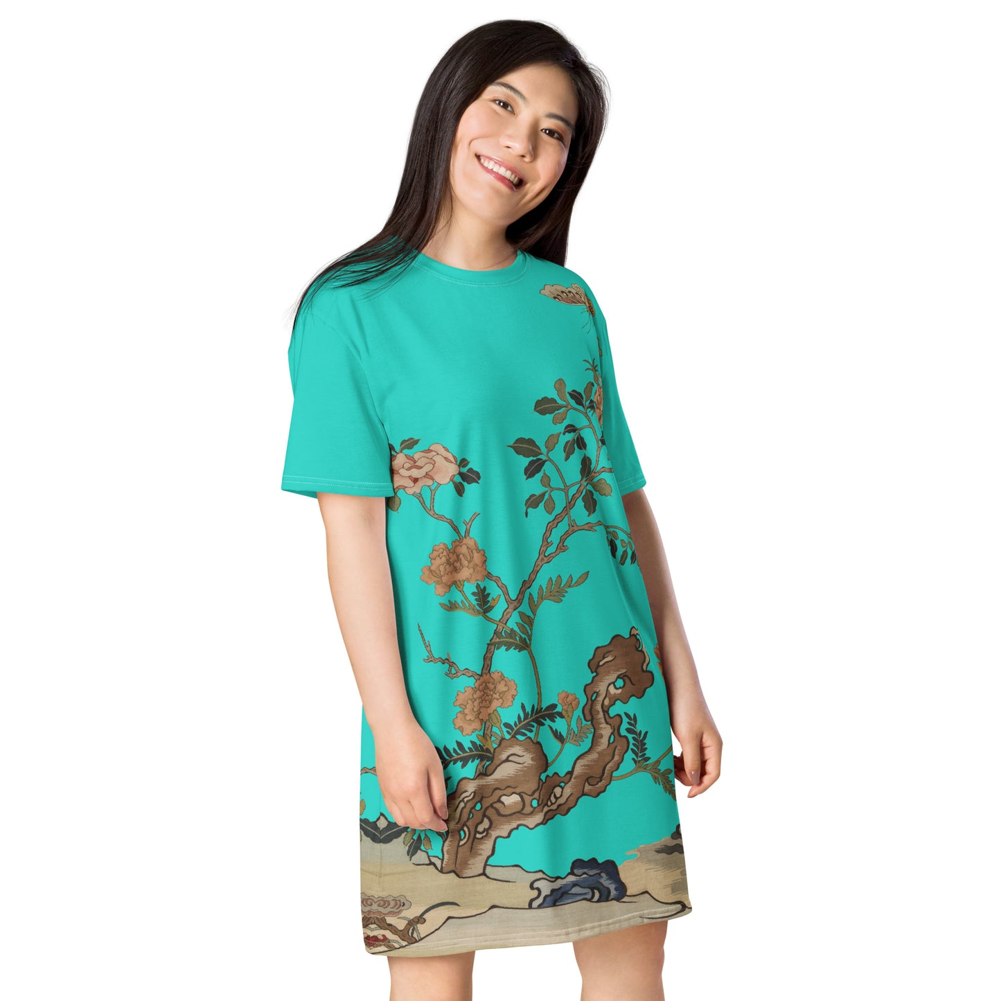 タペストリーの花|Camellia and Butterfly|T-shirt dress|Turquoise
