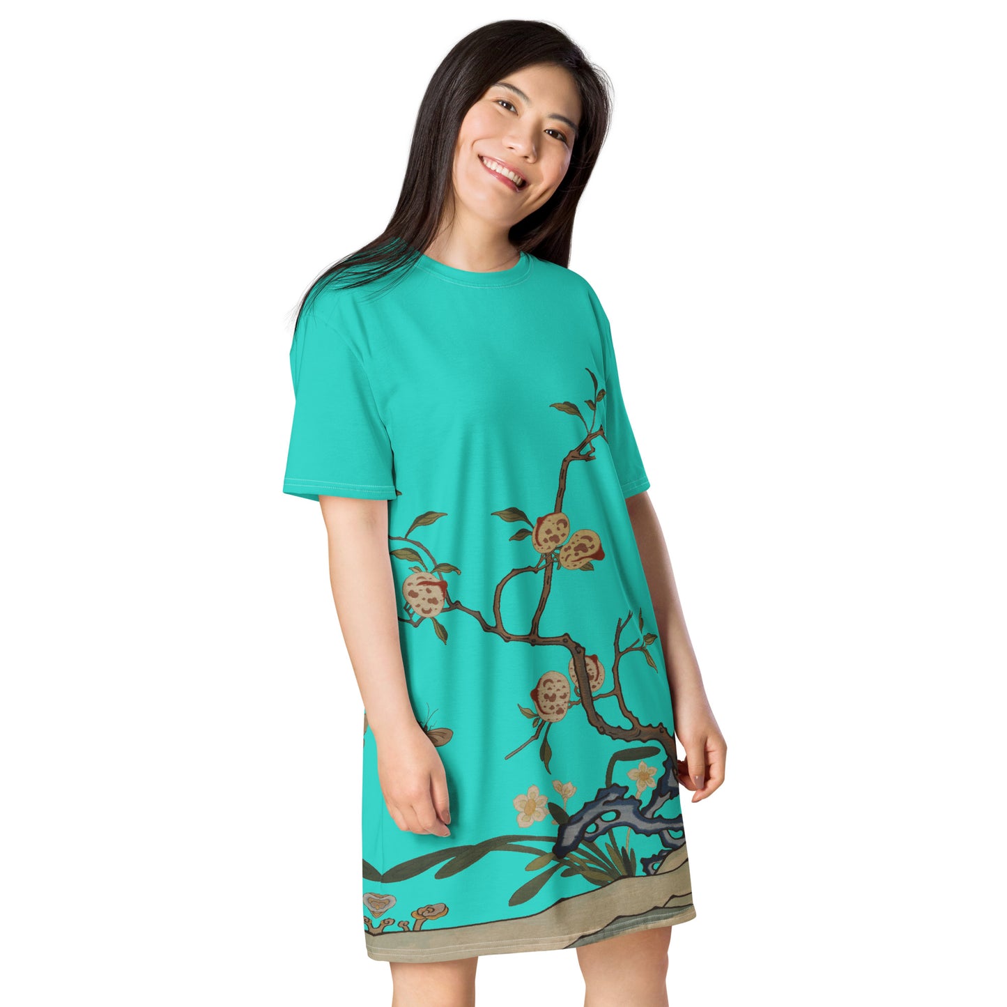 タペストリーの花|Narcissus and Peaches|T-shirt dress|Turquoise