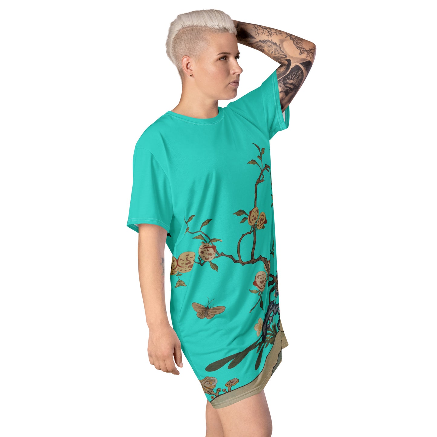 タペストリーの花|Narcissus and Peaches|T-shirt dress|Turquoise