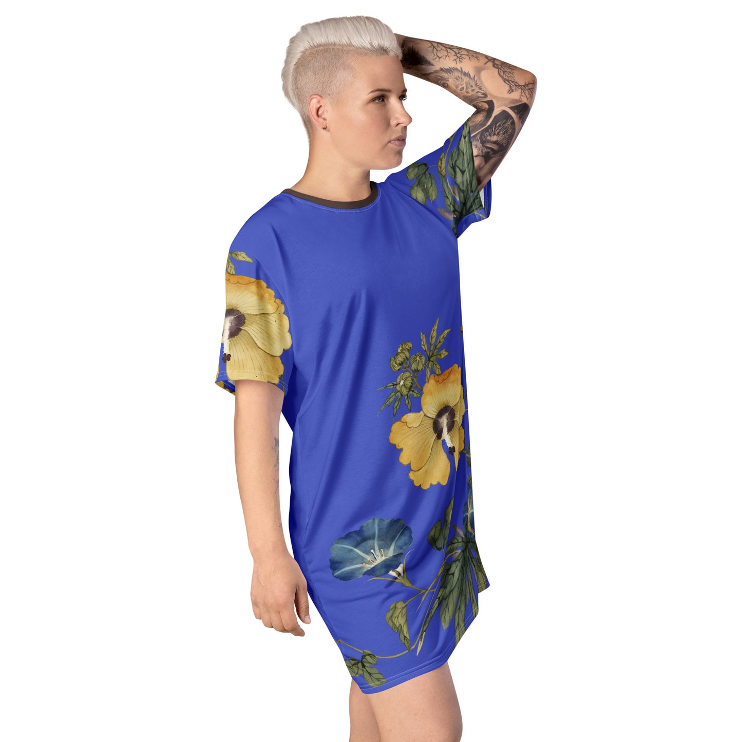 The Spirit of Flowers in Twelve Months|Okra and White-edged Morning Glory in Bloom|T-shirt dress|Royal blue