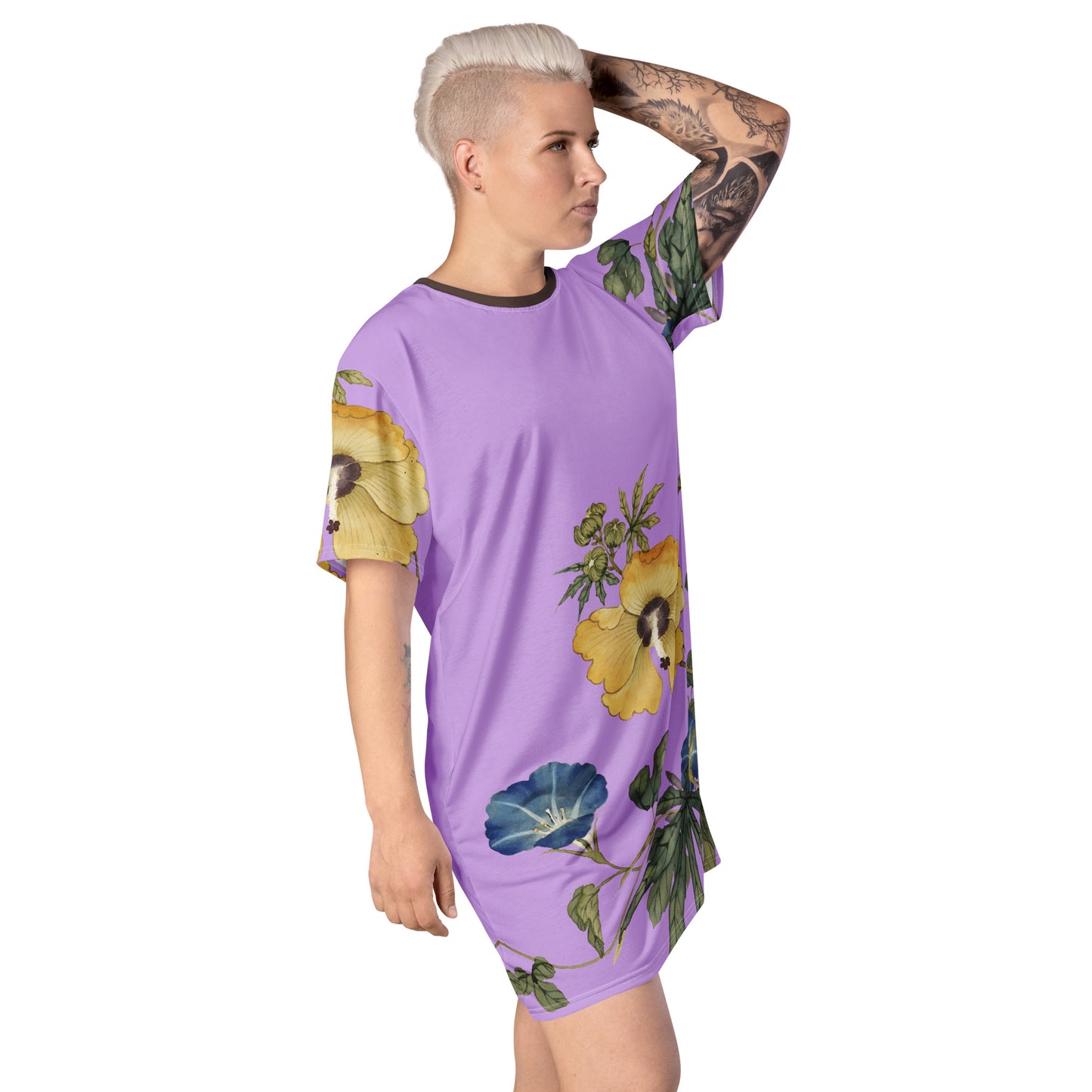 The Spirit of Flowers in Twelve Months|Okra and White-edged Morning Glory in Bloom|T-shirt dress|Lilac