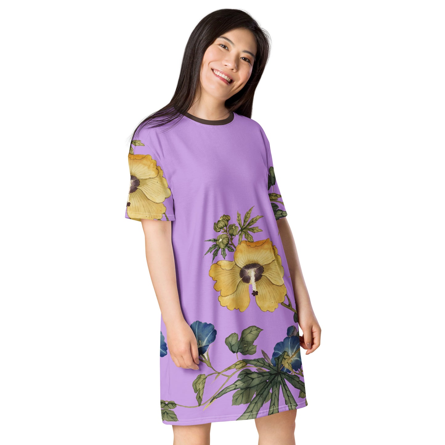 The Spirit of Flowers in Twelve Months|Okra and White-edged Morning Glory in Bloom|T-shirt dress|Lilac