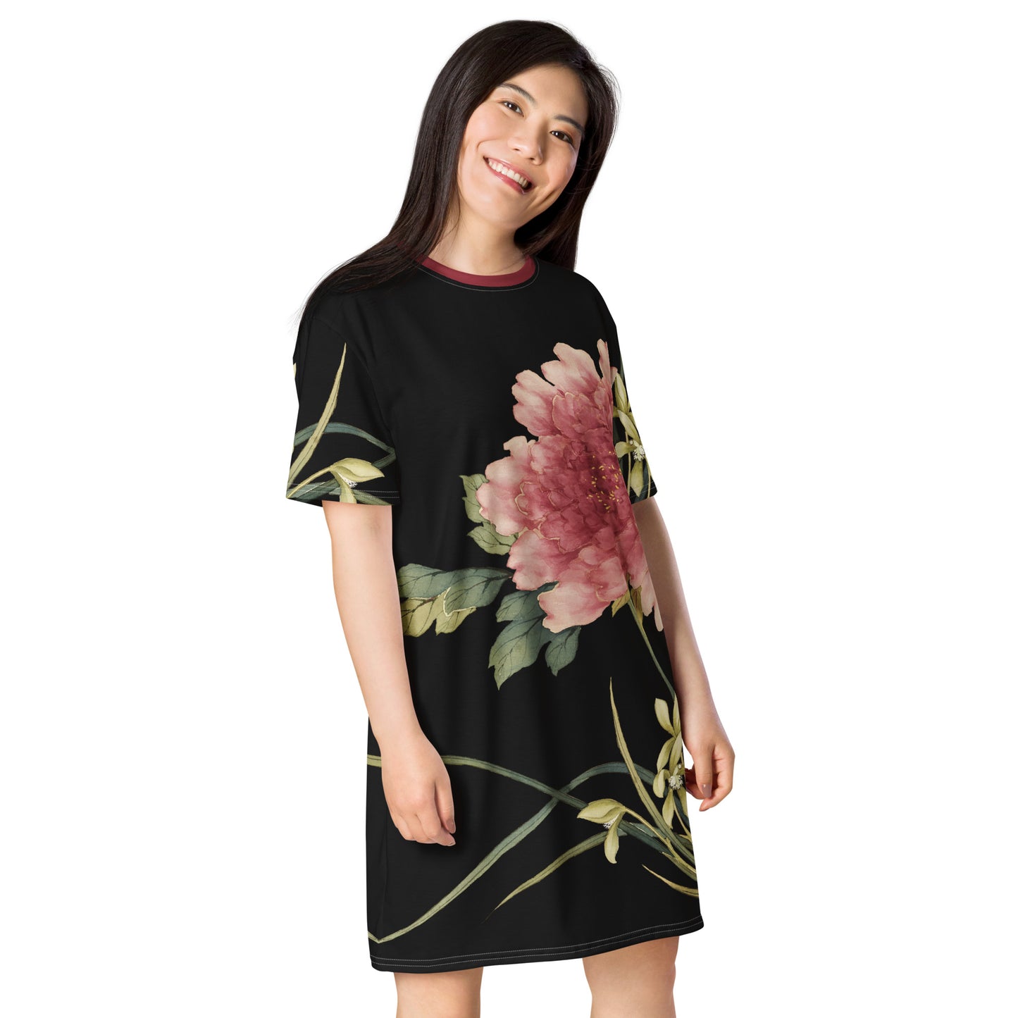 The Spirit of Flowers in Twelve Months|Orchid and Tree Peony in Bloom|T-shirt dress|Black