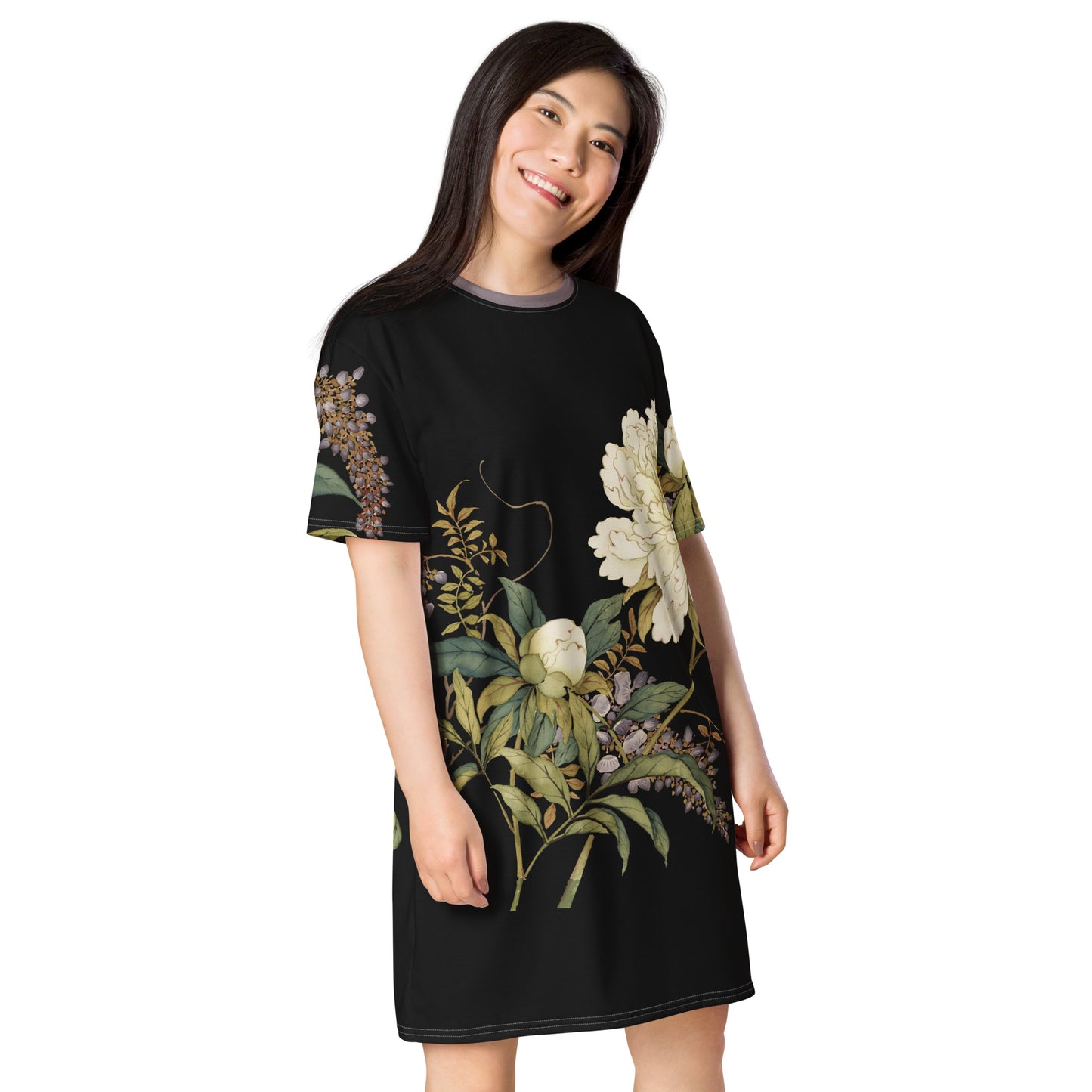 The Spirit of Flowers in Twelve Months|Chinese Peony and Wisteria in Bloom|T-shirt dress|Black