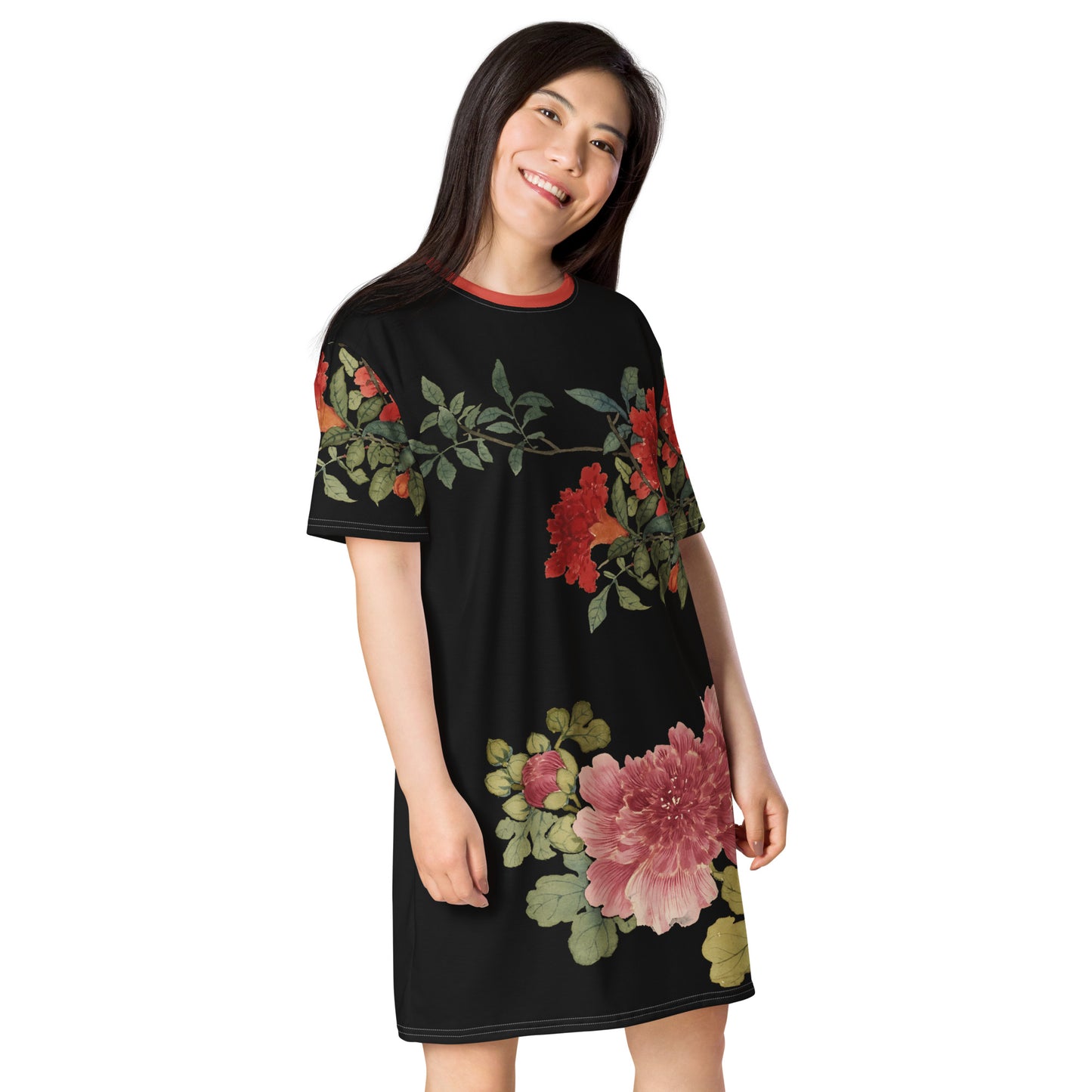 The Spirit of Flowers in Twelve Months|Hollyhock and Pomegranate in Bloom|T-shirt dress|Black