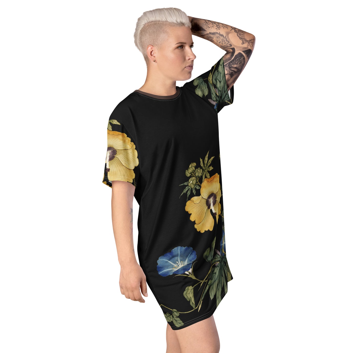 The Spirit of Flowers in Twelve Months|Okra and White-edged Morning Glory in Bloom|T-shirt dress|Black