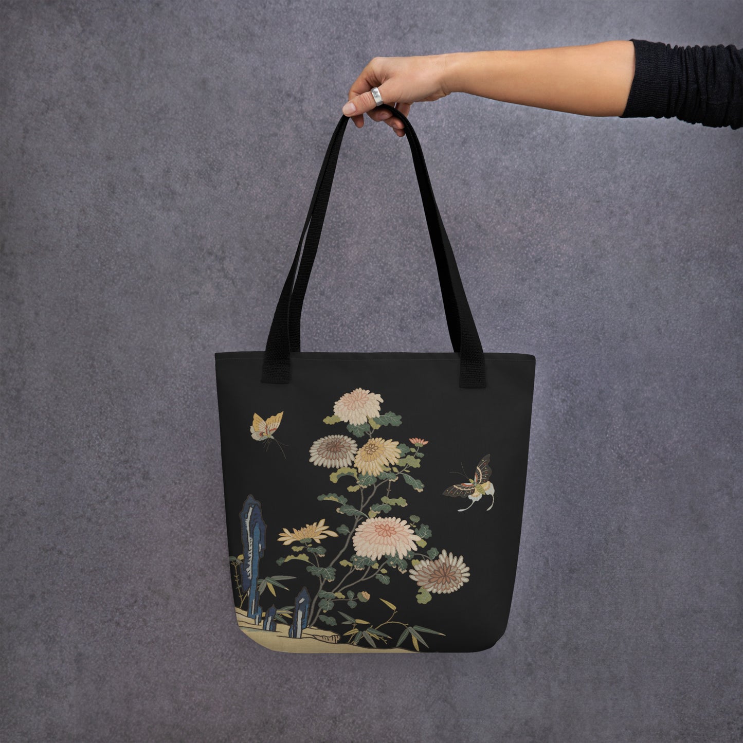 刻丝花卉|菊花双蝶|手提袋(托特包)|黑色
