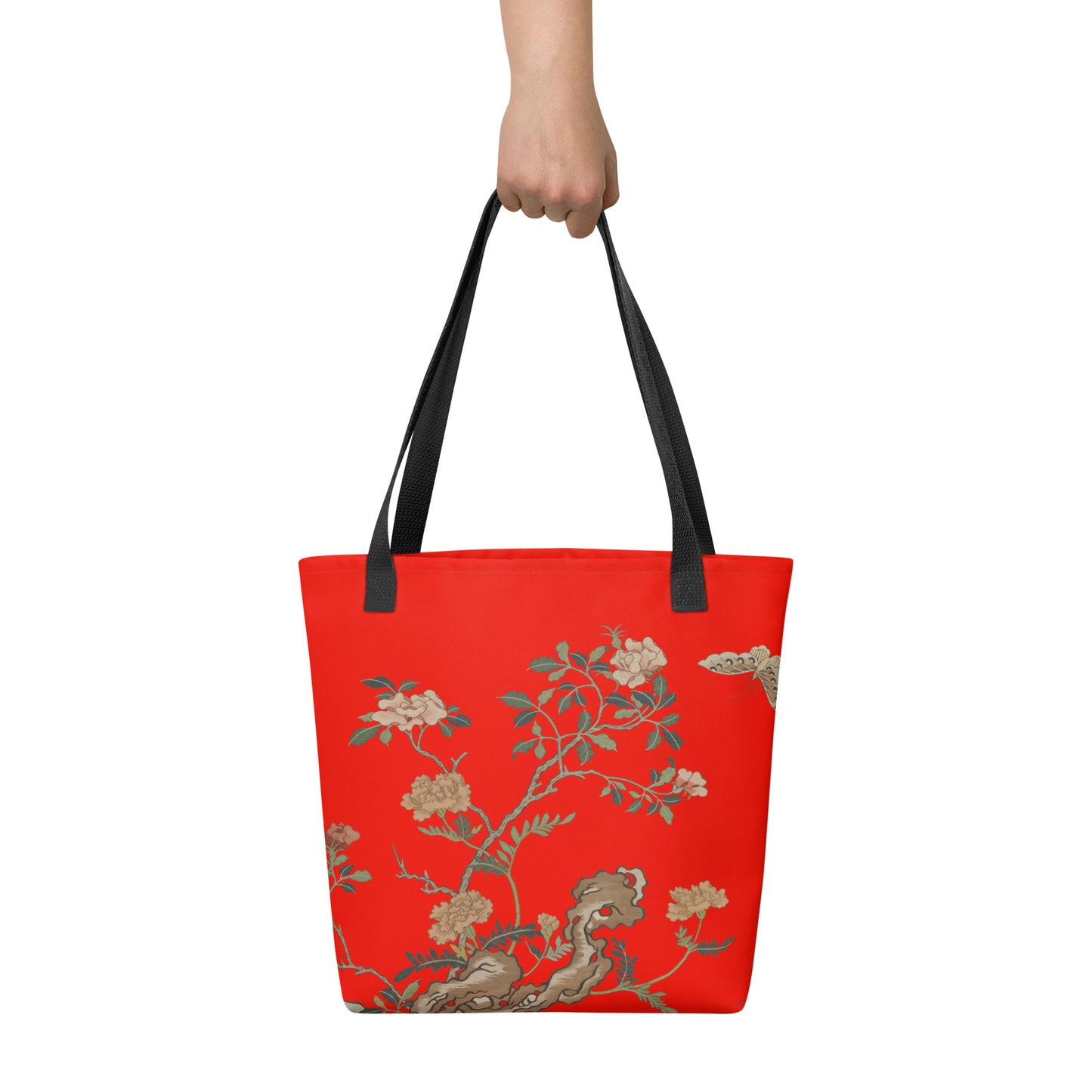 刻丝花卉|蝴蝶月季|手提袋(托特包)|石榴红