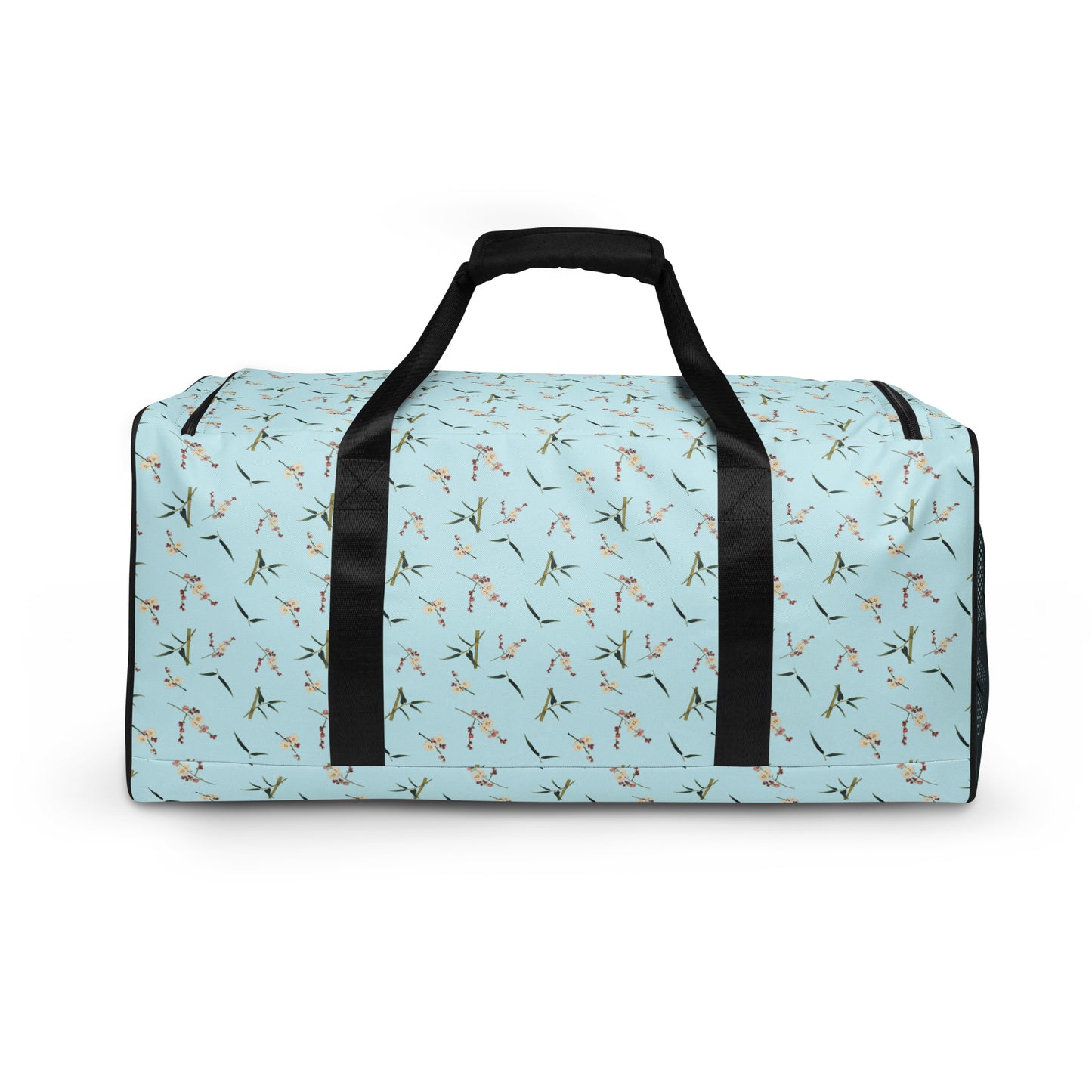 The Spirit of Flowers in Twelve Months｜Crimson Plum Blossom and Lush Green Bamboo｜Duffle bag｜seamless print｜Aqua blue