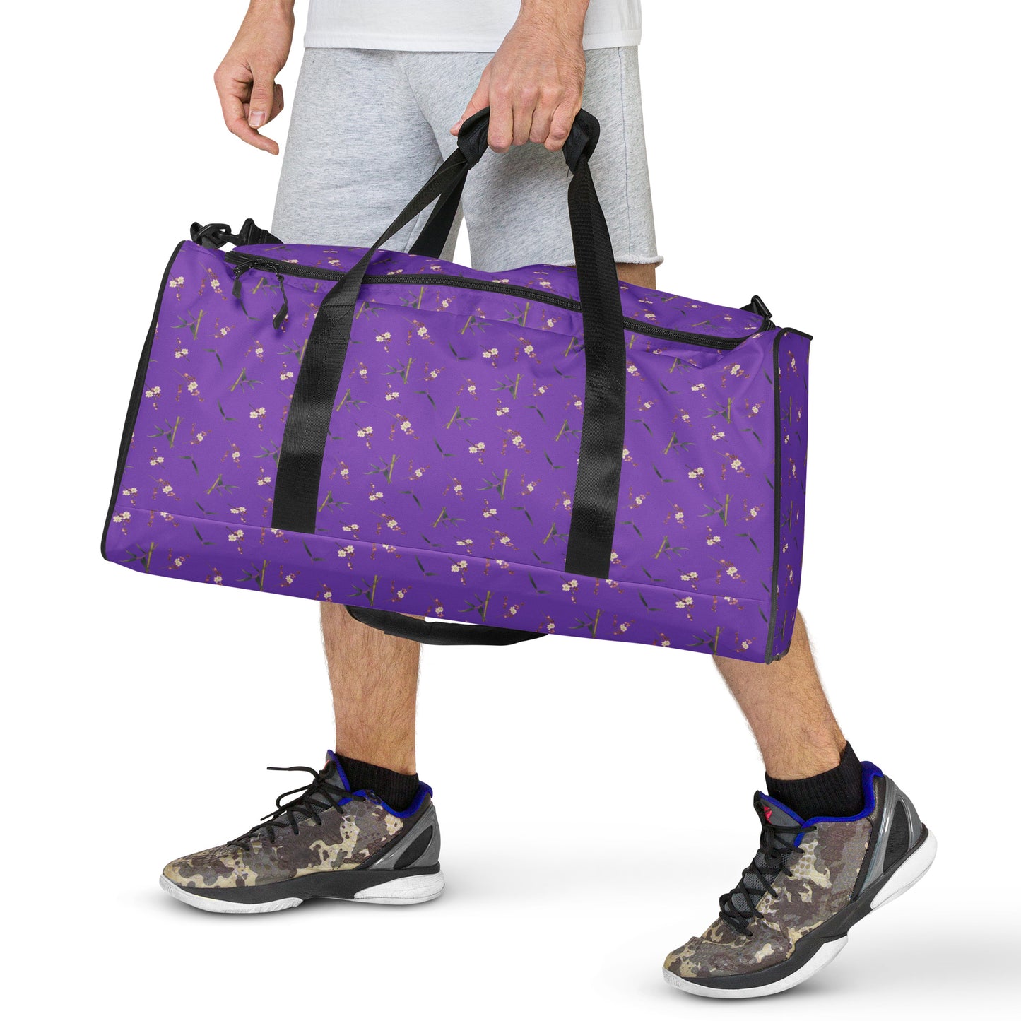 The Spirit of Flowers in Twelve Months｜Crimson Plum Blossom and Lush Green Bamboo｜Duffle bag｜seamless print｜Purple