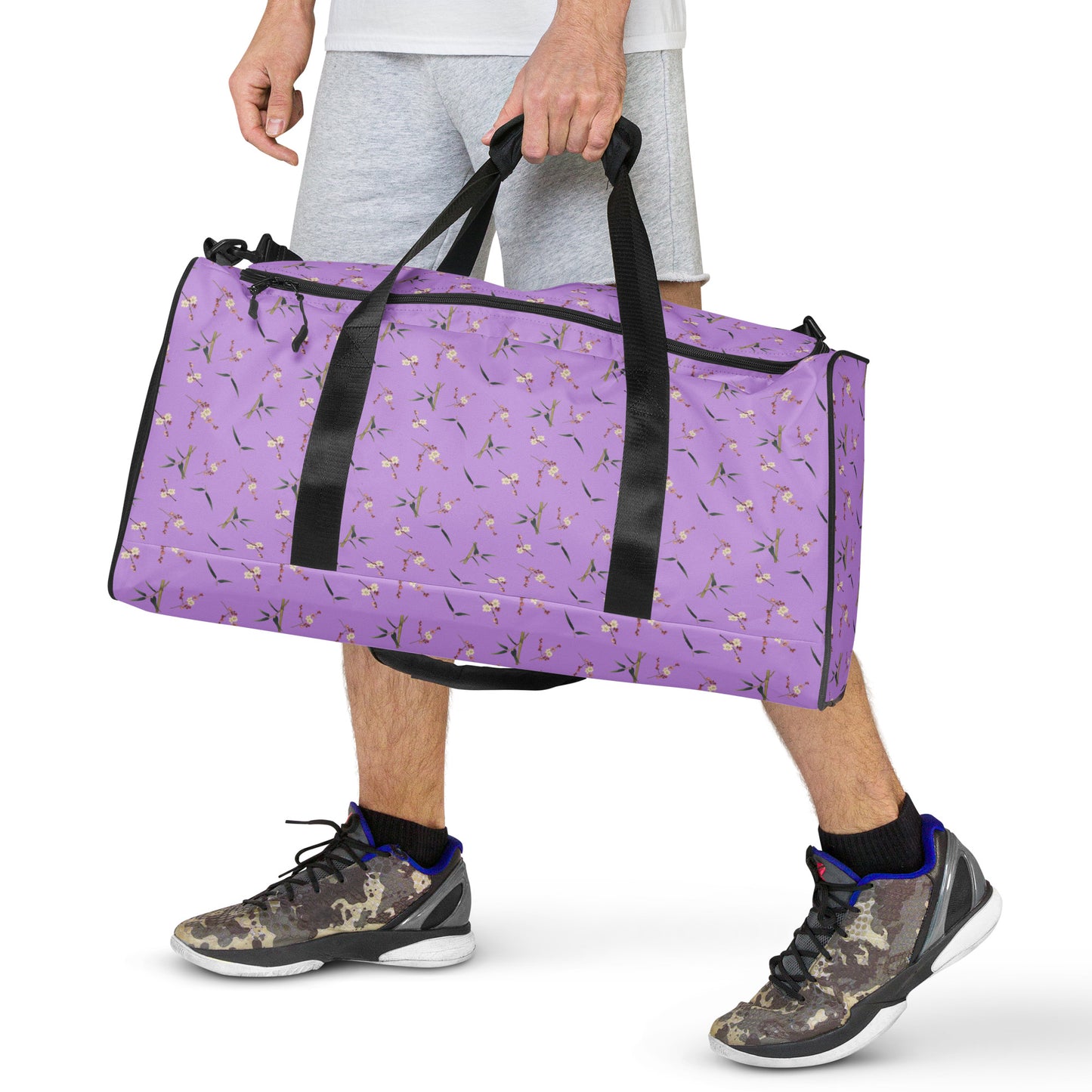 The Spirit of Flowers in Twelve Months｜Crimson Plum Blossom and Lush Green Bamboo｜Duffle bag｜seamless print｜Lilac