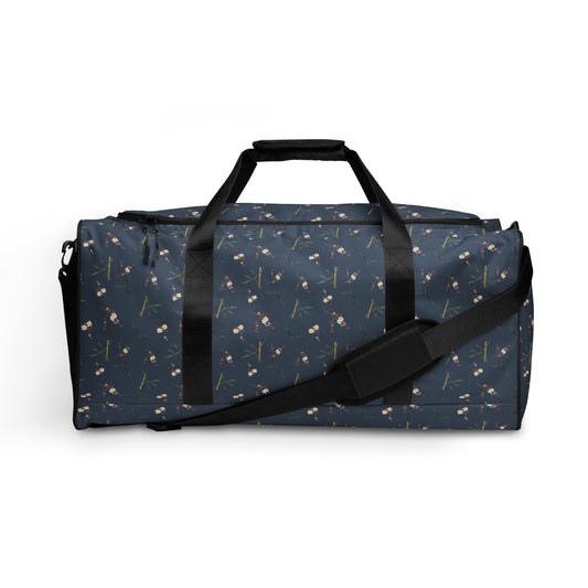 The Spirit of Flowers in Twelve Months｜Crimson Plum Blossom and Lush Green Bamboo｜Duffle bag｜seamless print｜Dark blue