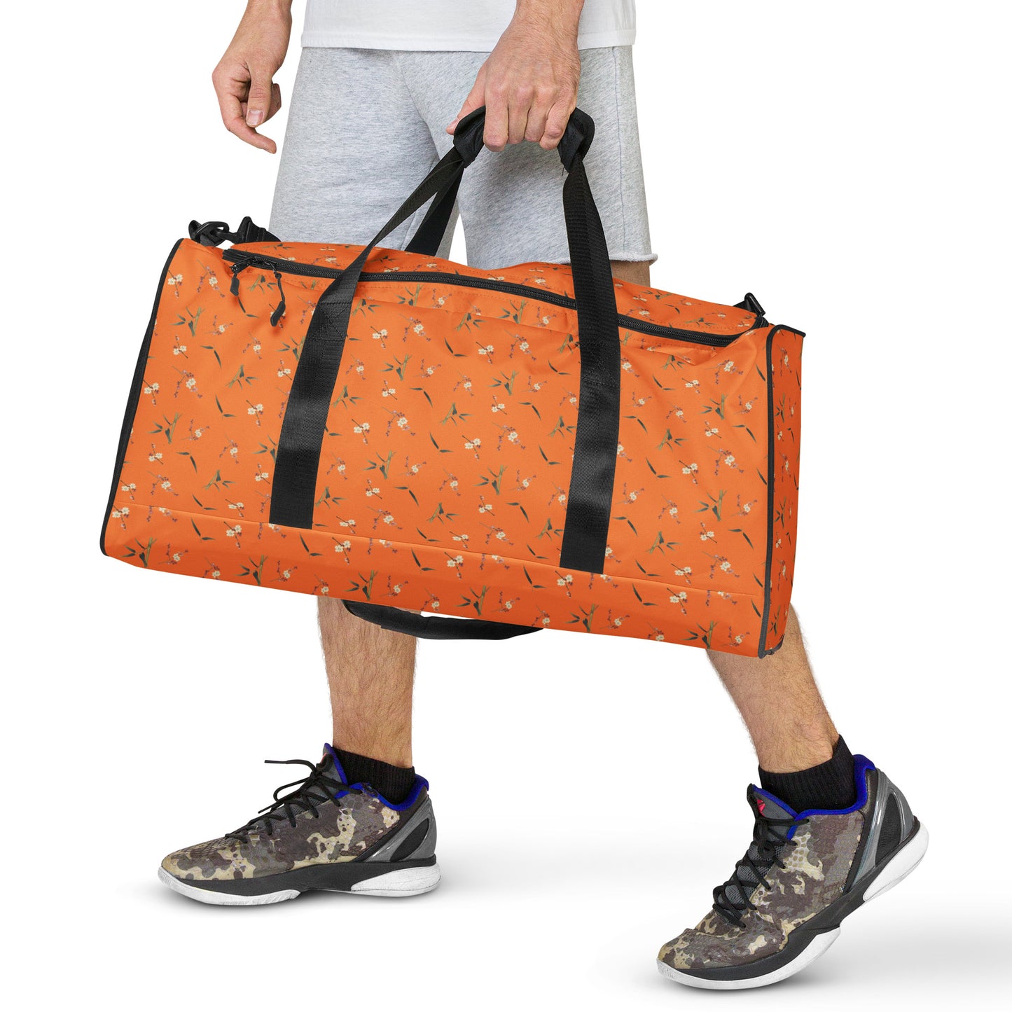 The Spirit of Flowers in Twelve Months｜Crimson Plum Blossom and Lush Green Bamboo｜Duffle bag｜seamless print｜Orange