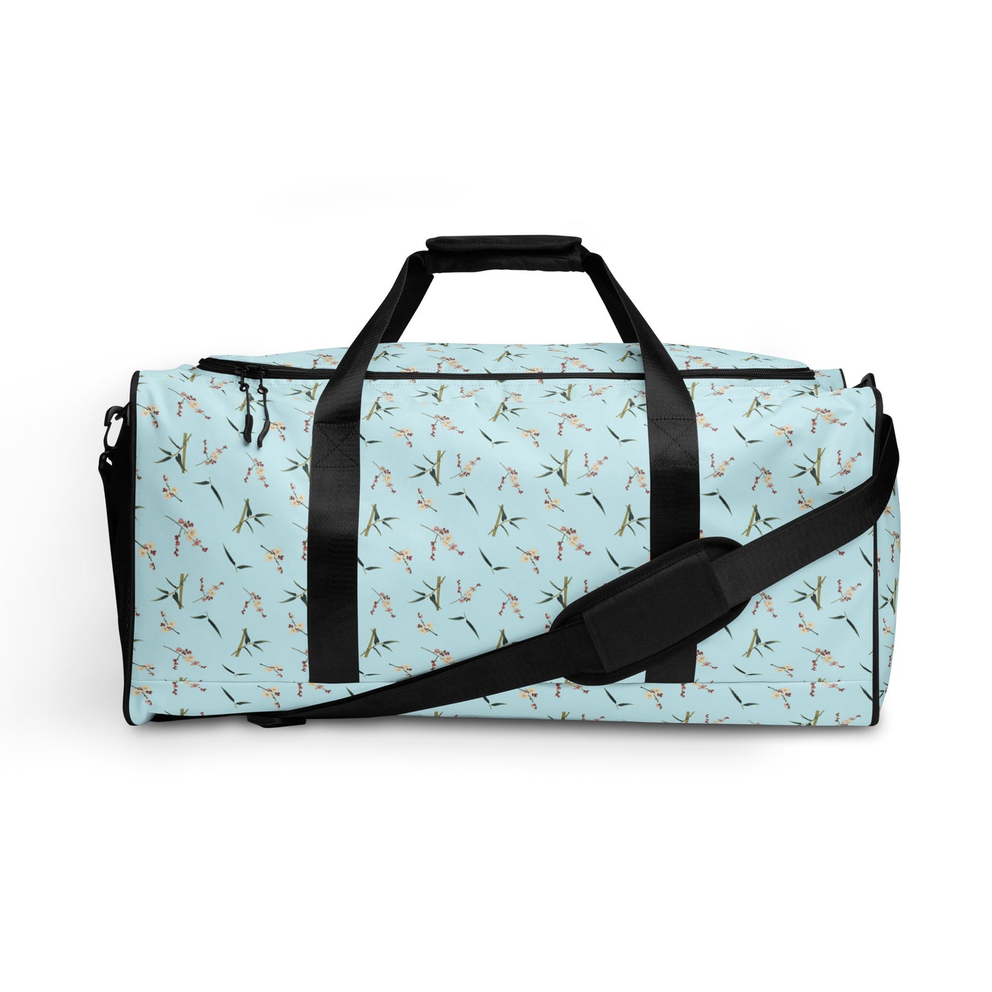 The Spirit of Flowers in Twelve Months｜Crimson Plum Blossom and Lush Green Bamboo｜Duffle bag｜seamless print｜Aqua blue