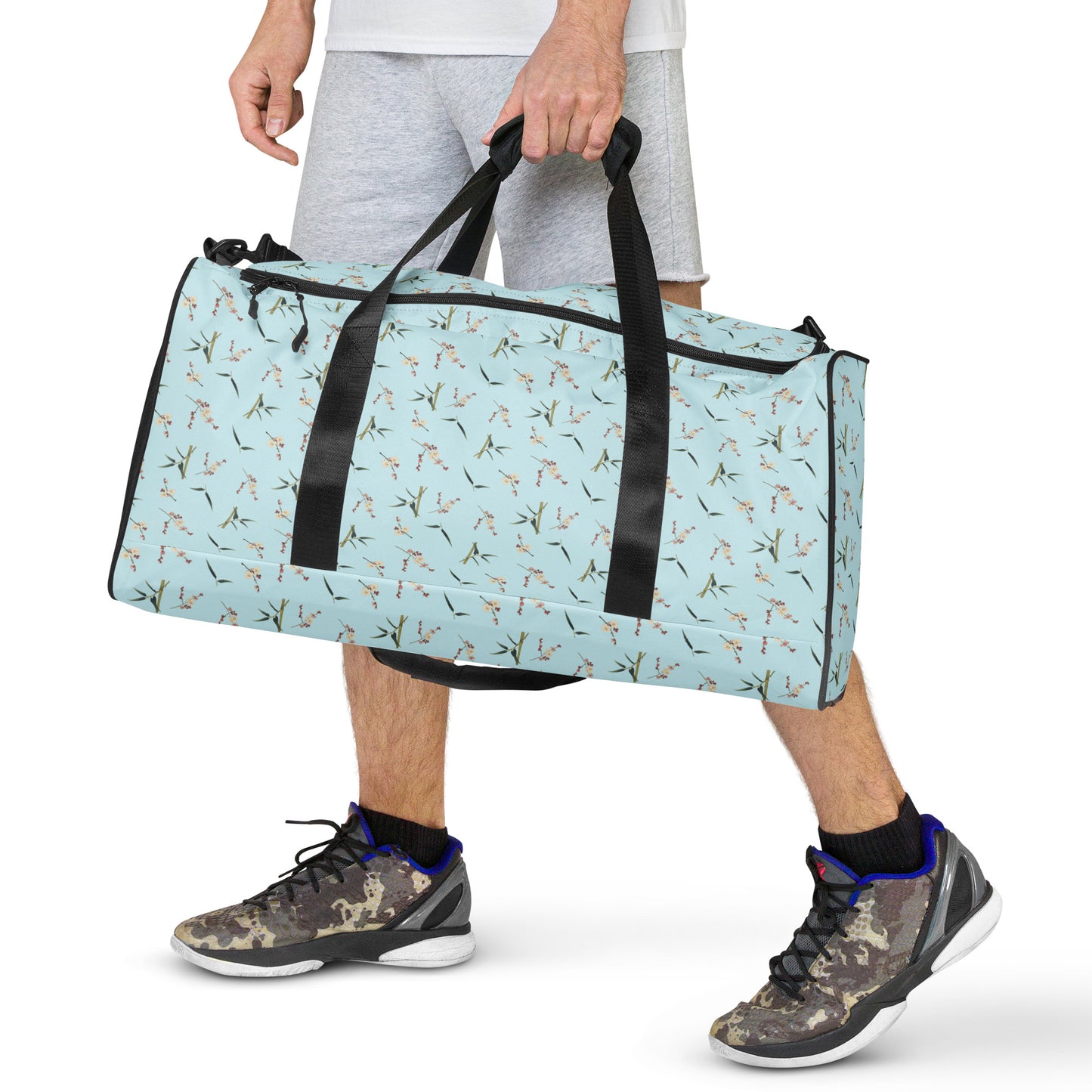 The Spirit of Flowers in Twelve Months｜Crimson Plum Blossom and Lush Green Bamboo｜Duffle bag｜seamless print｜Aqua blue