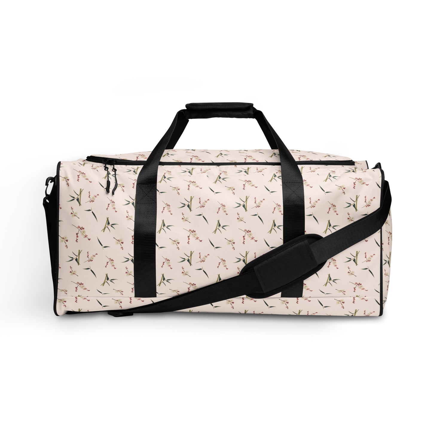 The Spirit of Flowers in Twelve Months｜Crimson Plum Blossom and Lush Green Bamboo｜Duffle bag｜seamless print｜Fish belly white