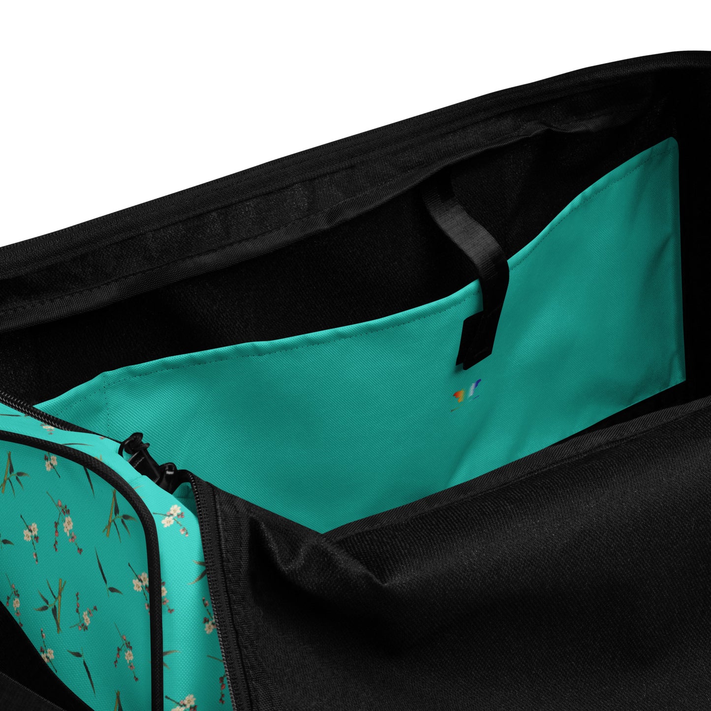 The Spirit of Flowers in Twelve Months｜Crimson Plum Blossom and Lush Green Bamboo｜Duffle bag｜seamless print｜Turquoise