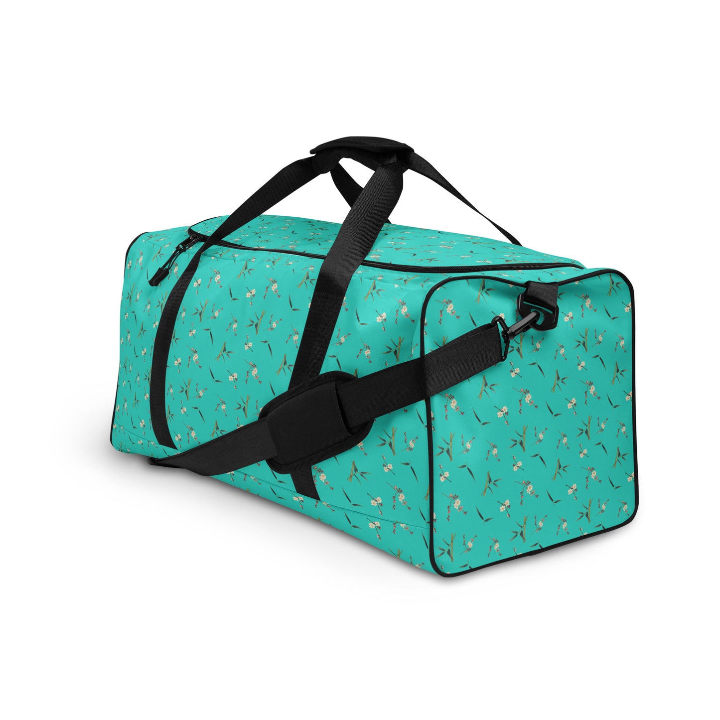 The Spirit of Flowers in Twelve Months｜Crimson Plum Blossom and Lush Green Bamboo｜Duffle bag｜seamless print｜Turquoise