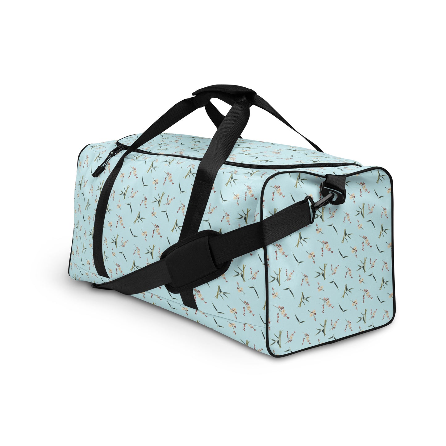 The Spirit of Flowers in Twelve Months｜Crimson Plum Blossom and Lush Green Bamboo｜Duffle bag｜seamless print｜Aqua blue